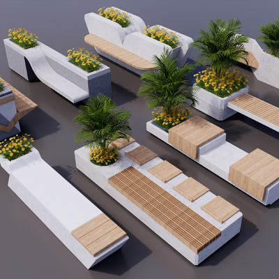  公园椅凳 公共座椅 树池座椅su模型 