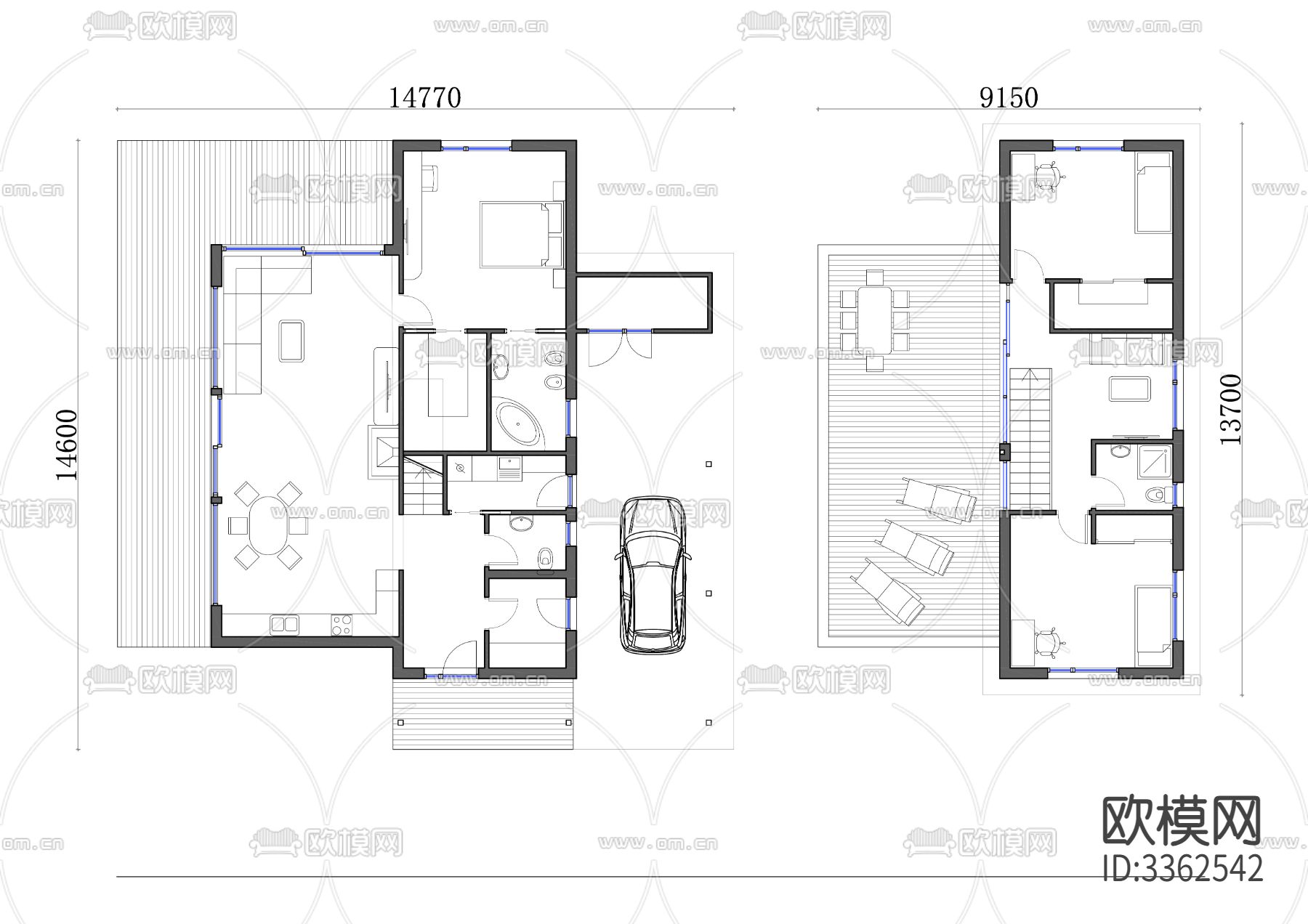 172m²两层独栋住宅cad平面图下载