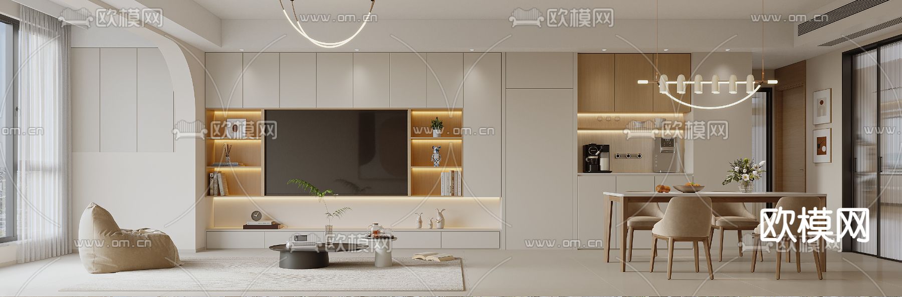 奶油风客餐厅3d模型下载（渲染图2）