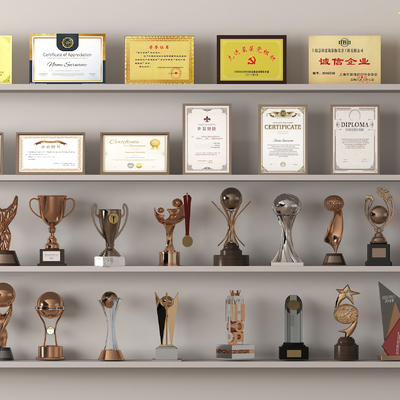  奖杯 奖牌 荣誉证书 锦旗 旗帜su模型 