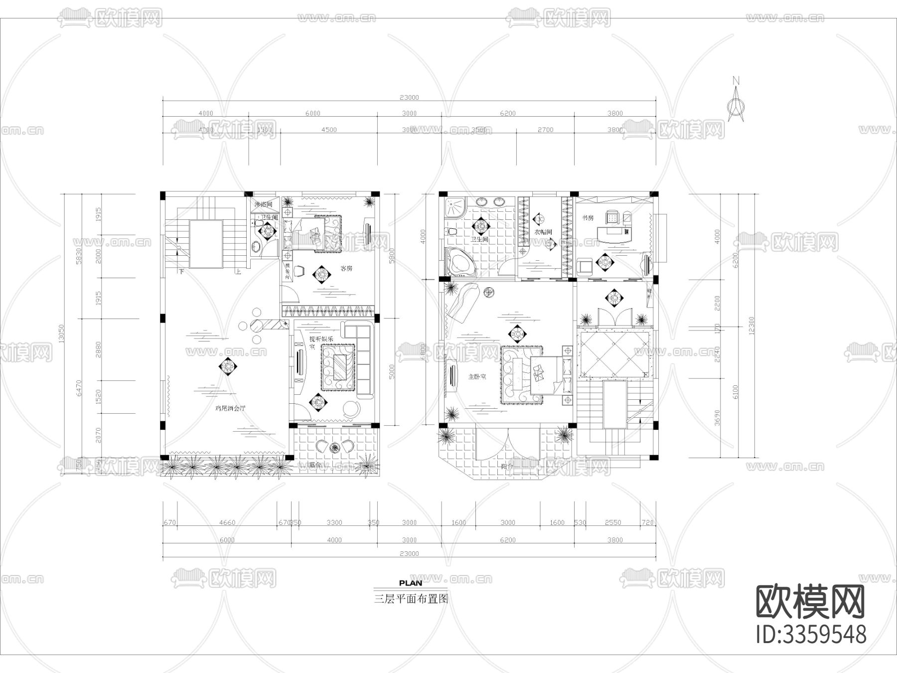 现代农村自建房建筑装修装饰 两层半三层自建别墅 私人住宅cad施工图下载（渲染图4）