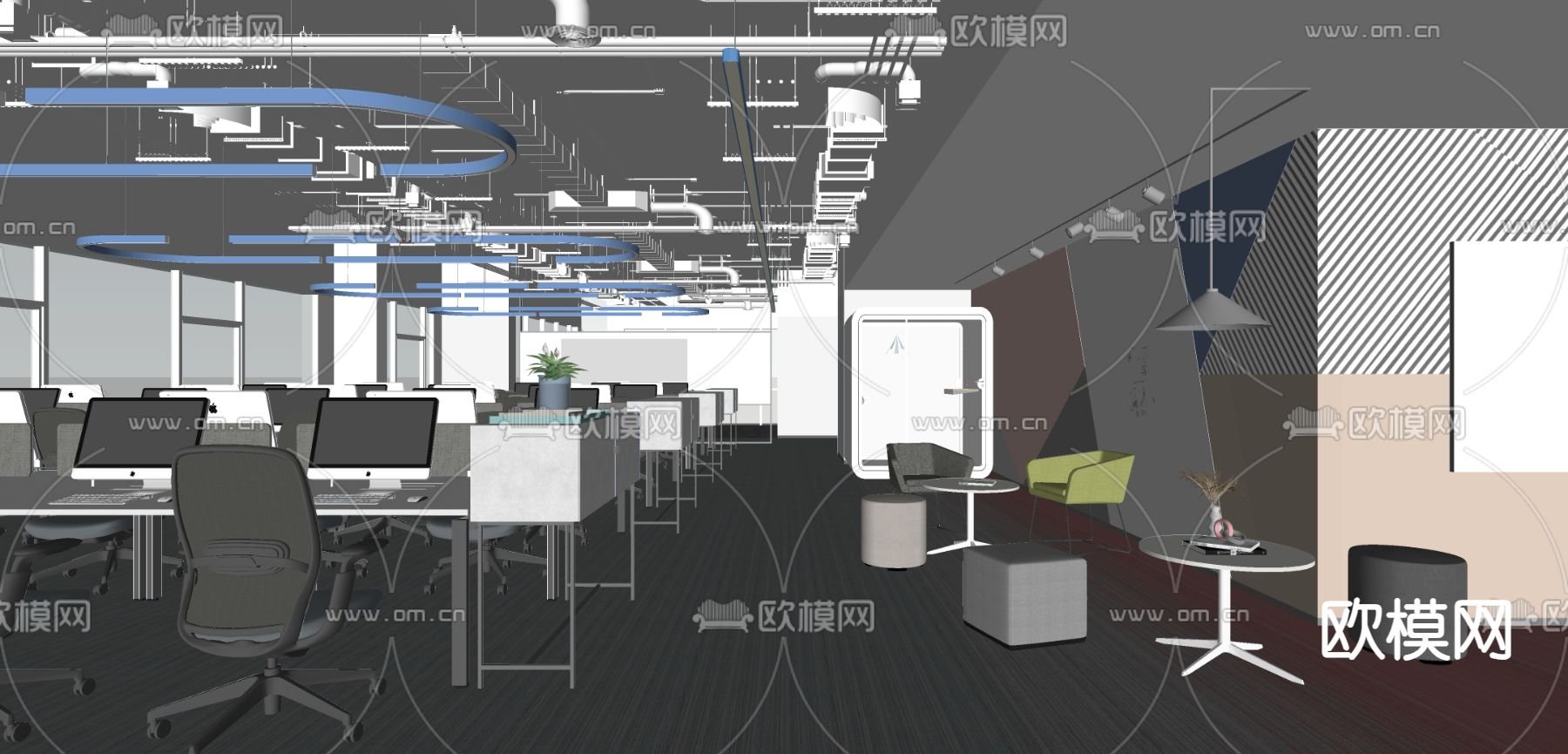 公共办公区su模型下载（渲染图1）