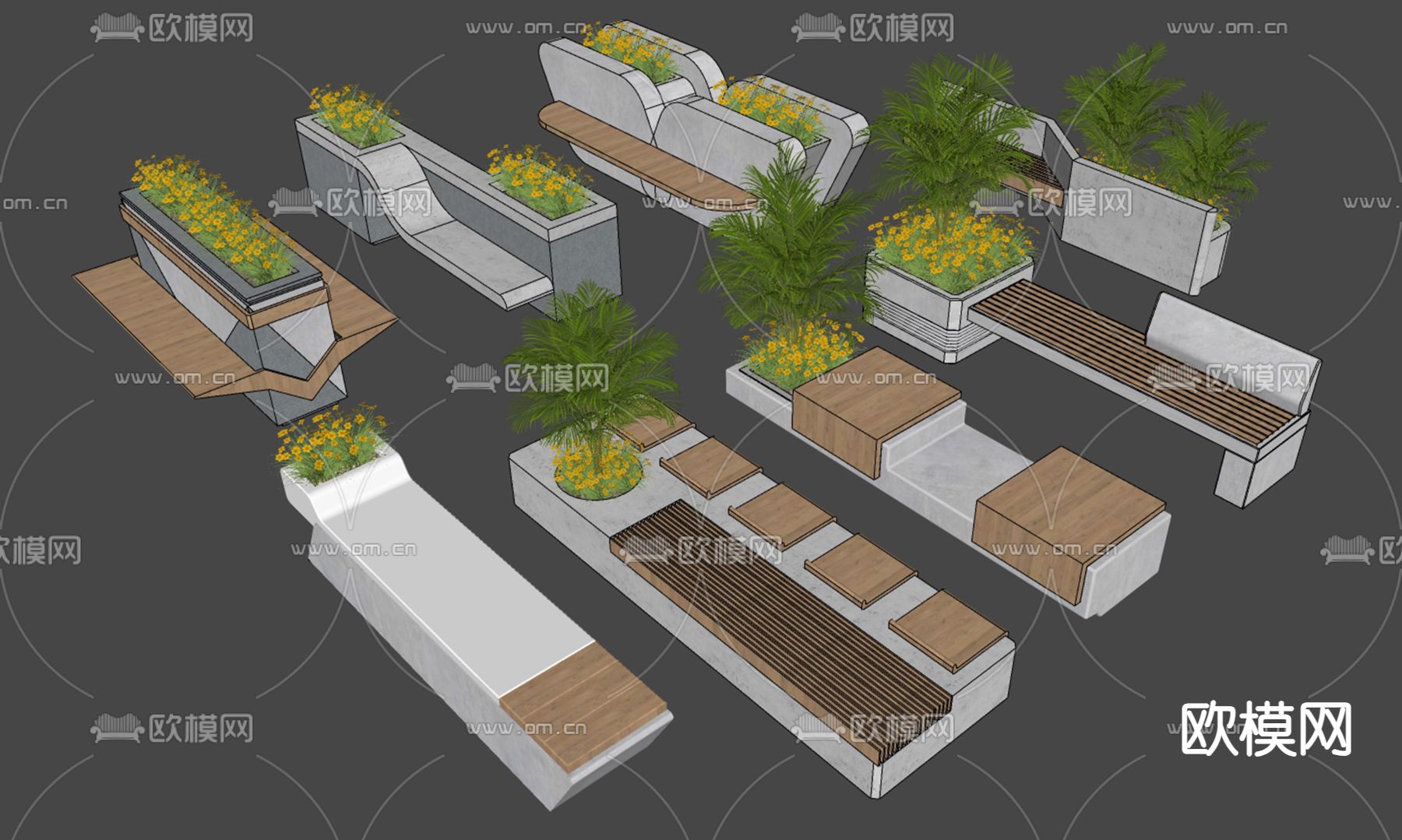 公园椅凳 公共座椅 树池座椅su模型下载（渲染图1）