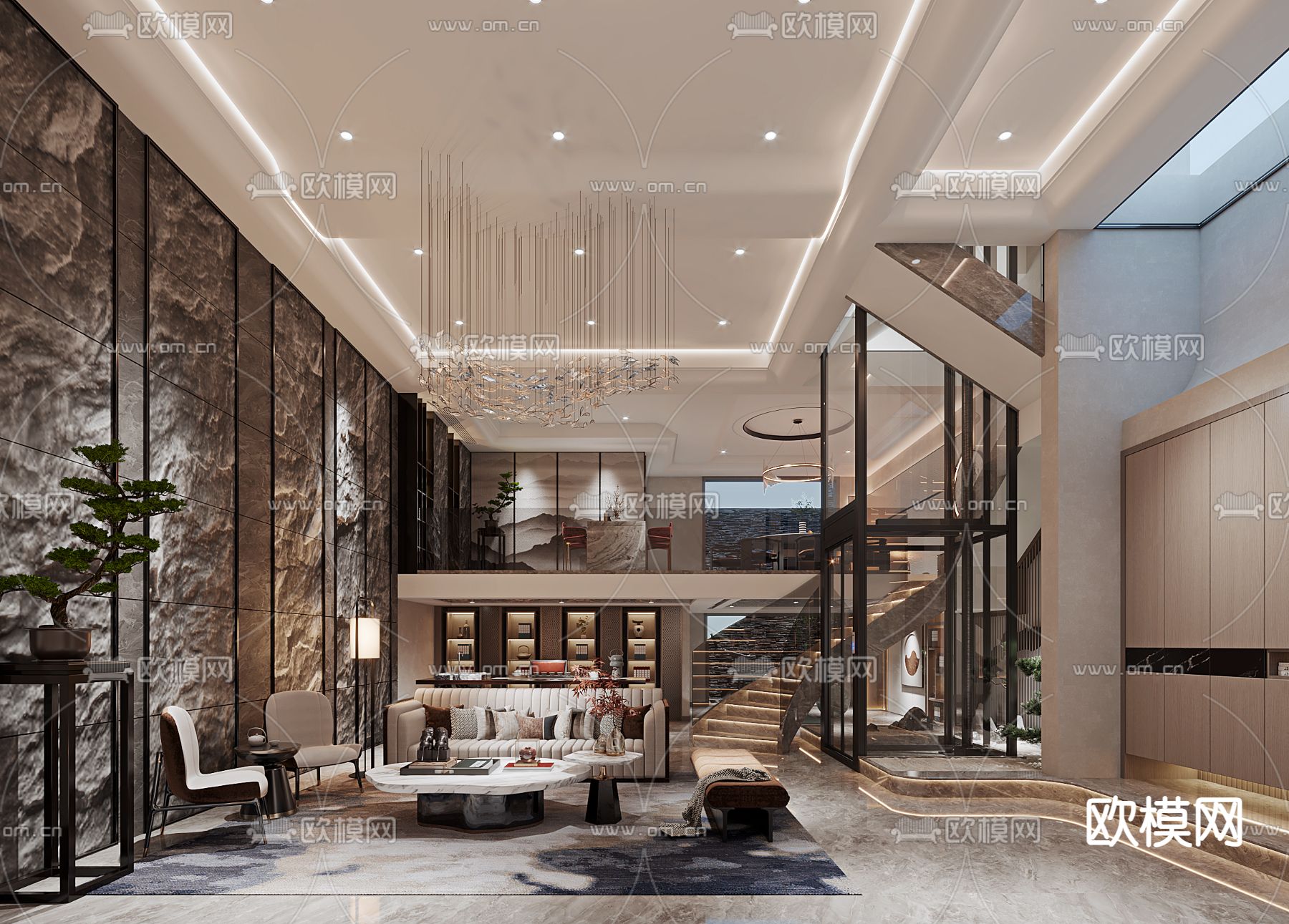 新中式 别墅客厅 别墅大堂3d模型下载（渲染图1）