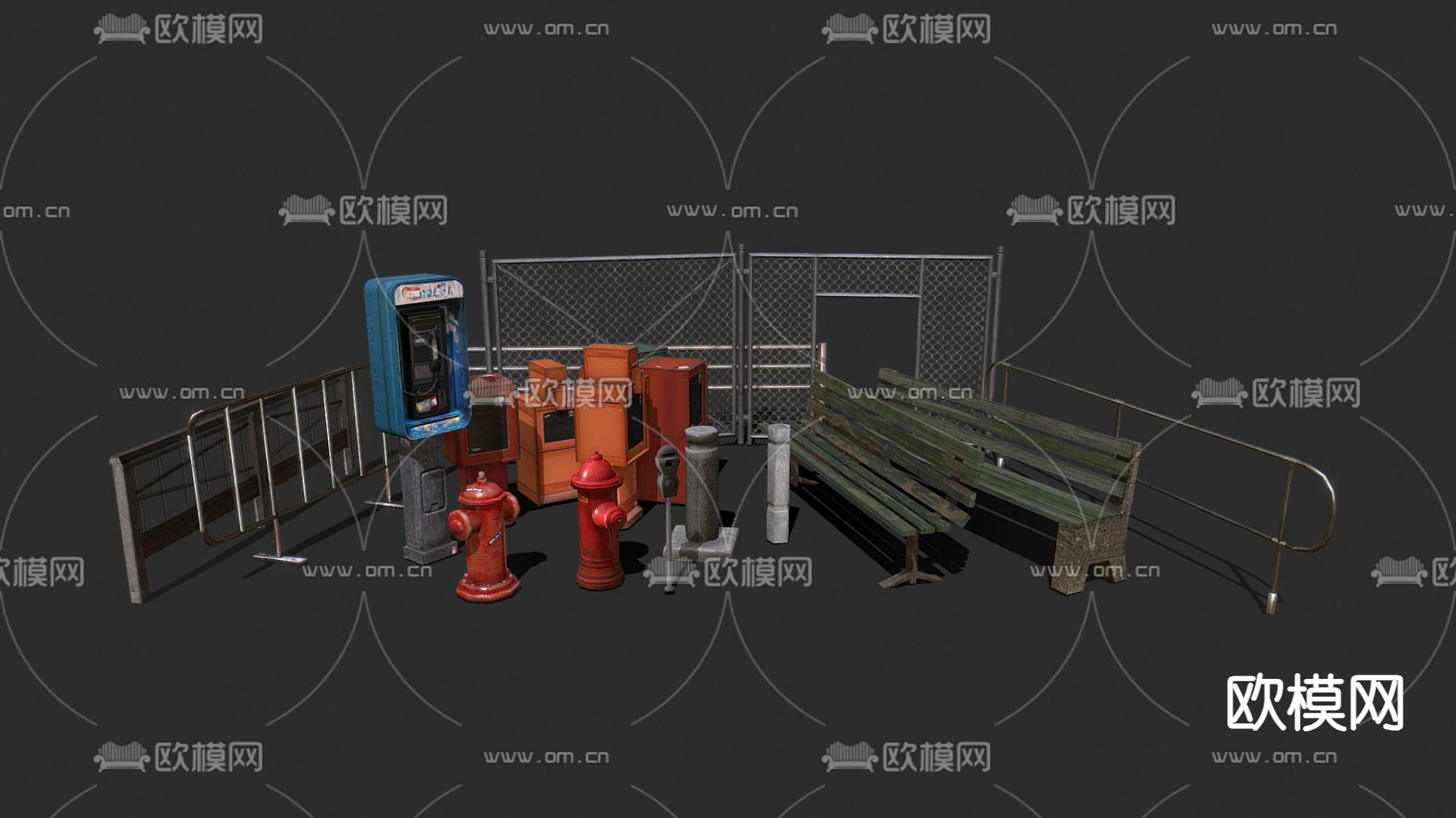 铁艺围栏 电话亭 公共椅3d模型下载