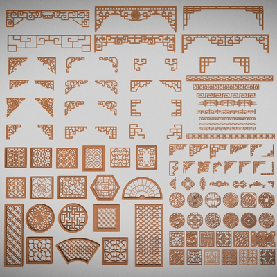  中式线条雕花 花窗 祥云 角花 角线su模型 