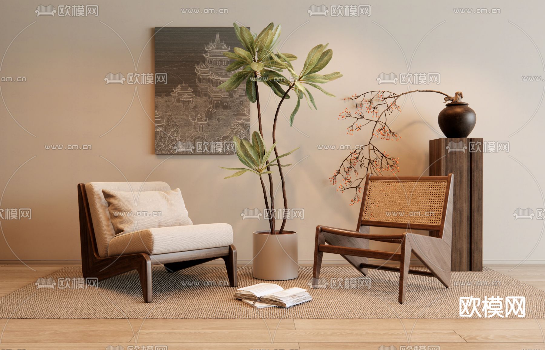 侘寂风椅子 休闲椅 藤编椅3d模型下载