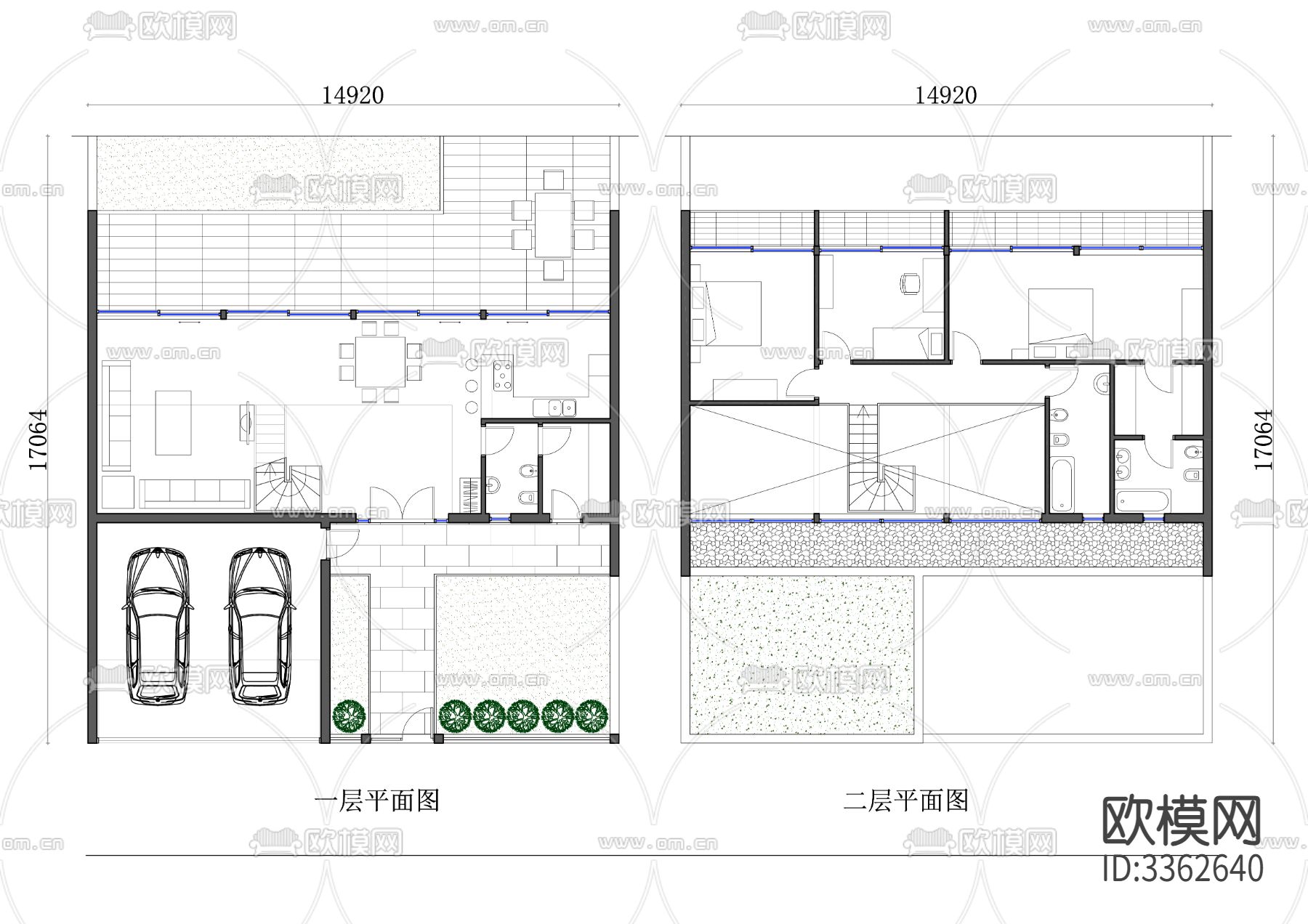 508m²两层独栋住宅cad平面图下载