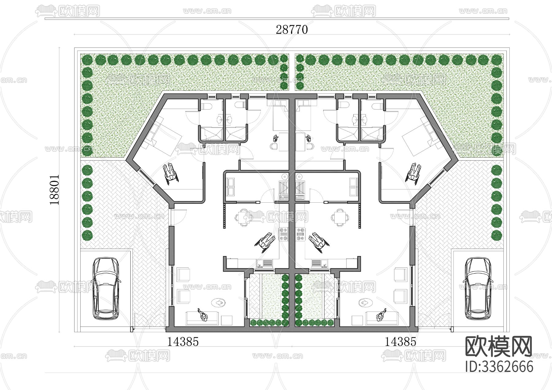 541m²双户半独立式洋房单层cad平面图下载