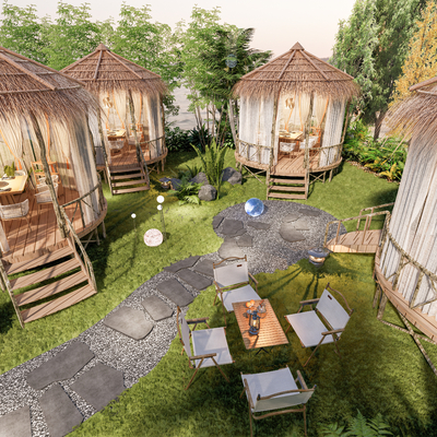  侘寂营地 围炉煮茶 户外桌椅su模型 