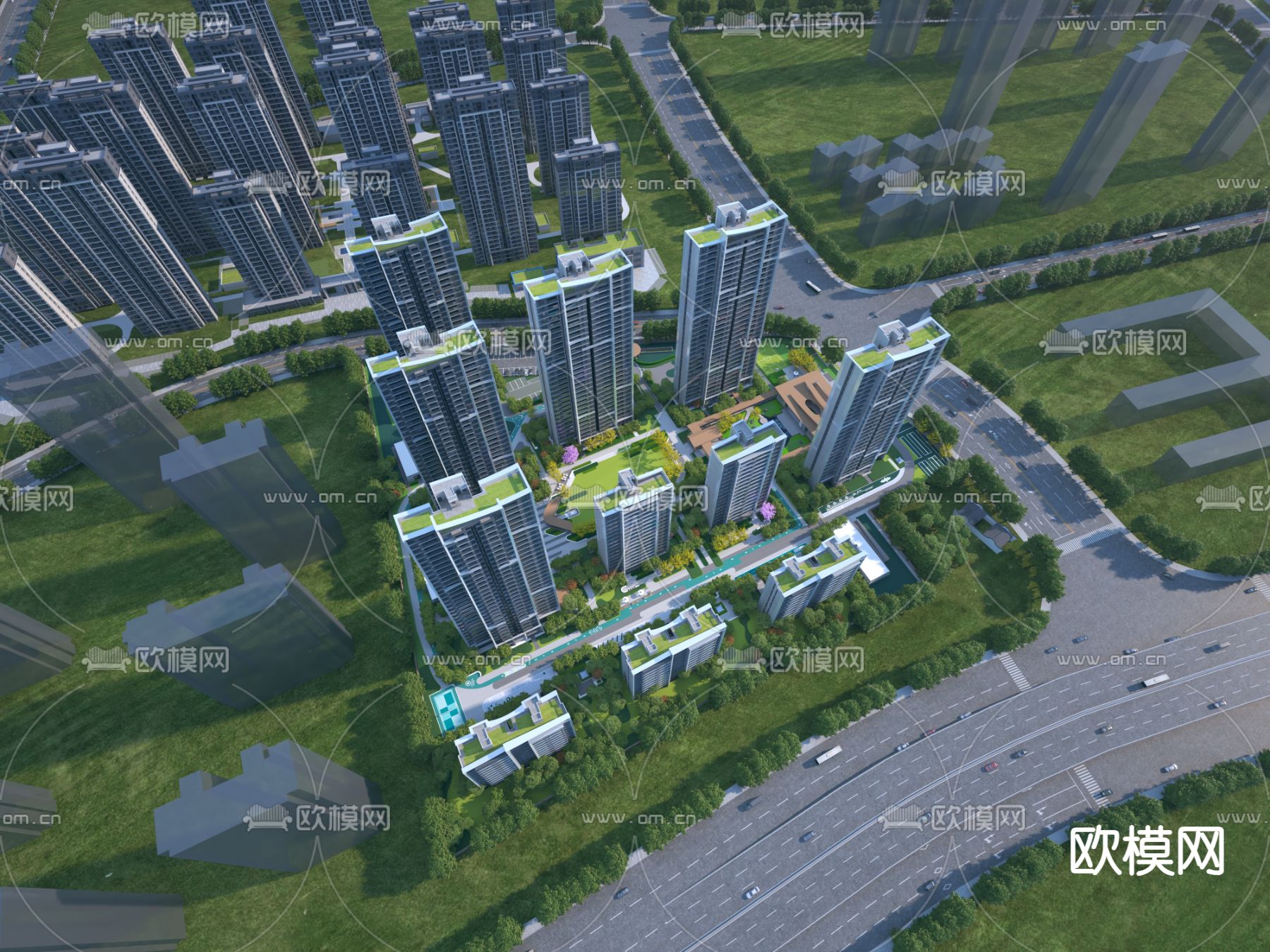 高层住宅小区鸟瞰3d模型下载