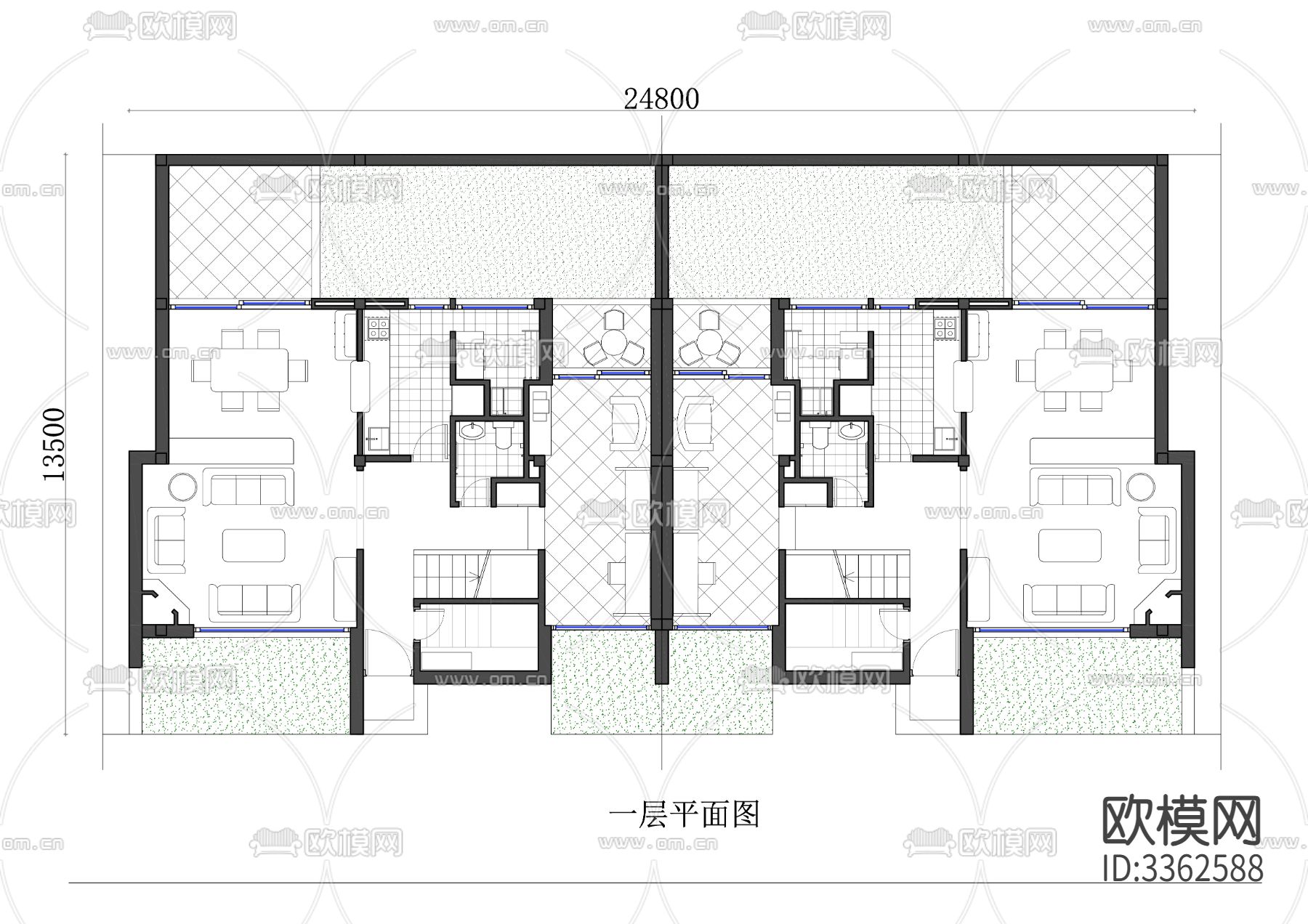 334m²一层双户半独立式洋房cad平面图下载