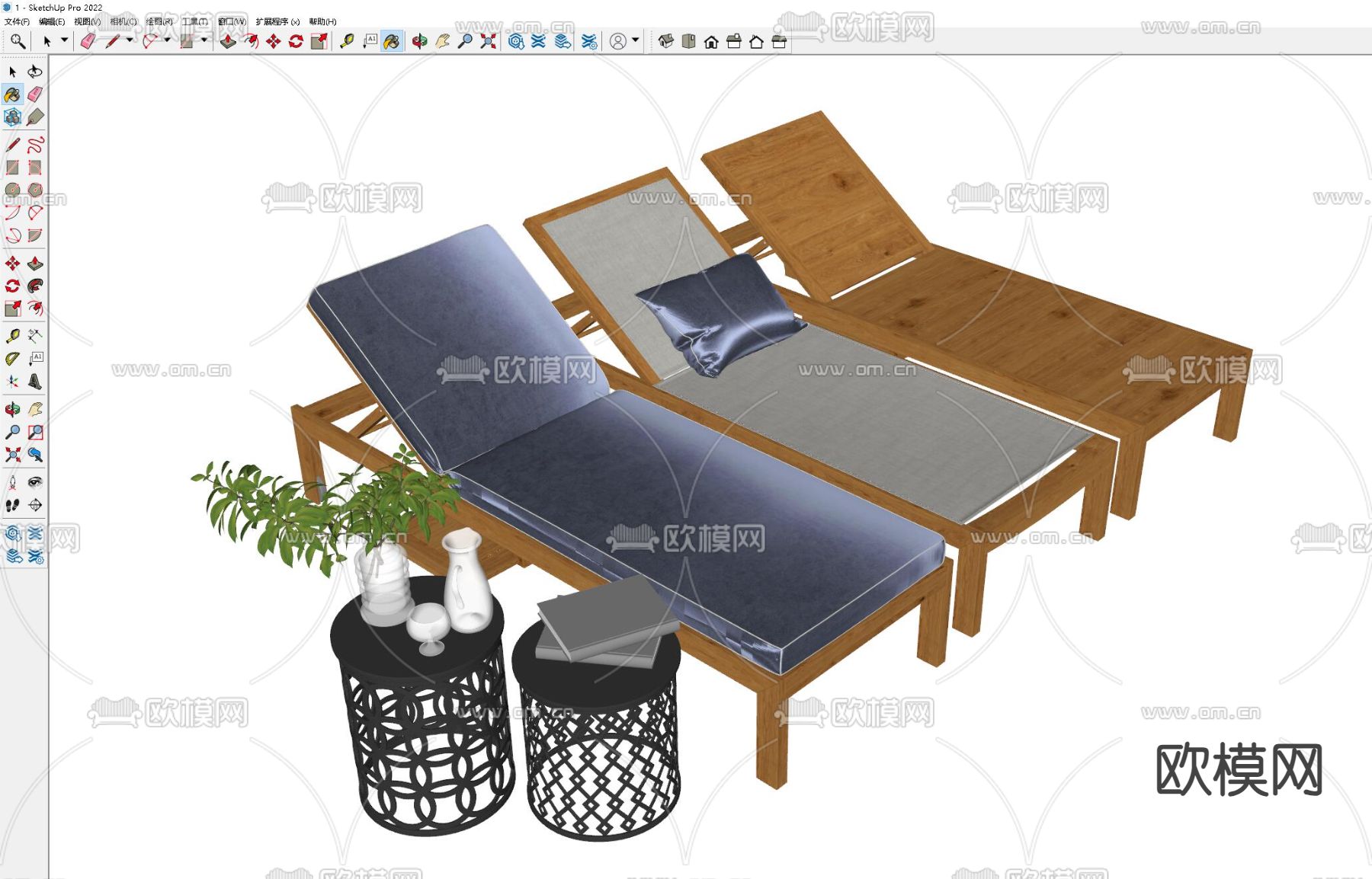 现代沙滩椅 户外椅 躺椅su模型下载（渲染图1）