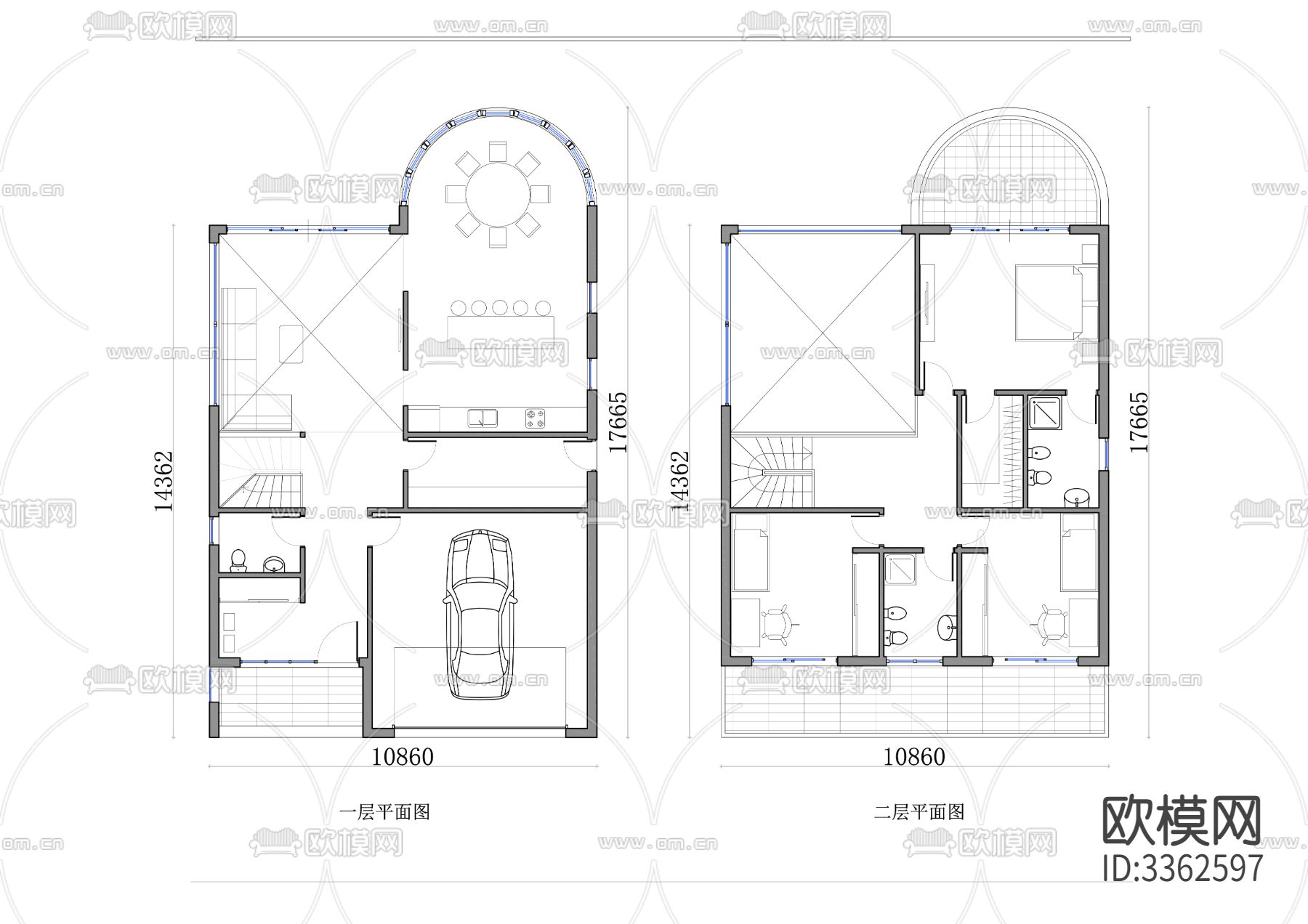 344m²两层自建别墅cad平面图下载