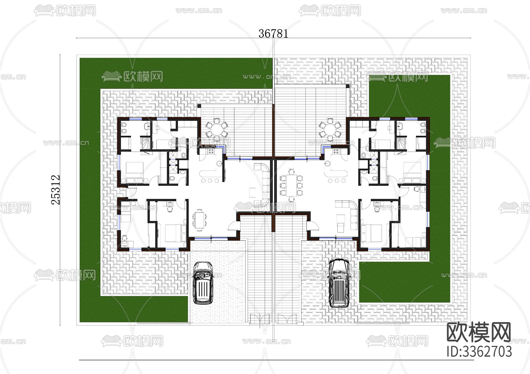931m²双户单层半独立式洋房cad平面图下载