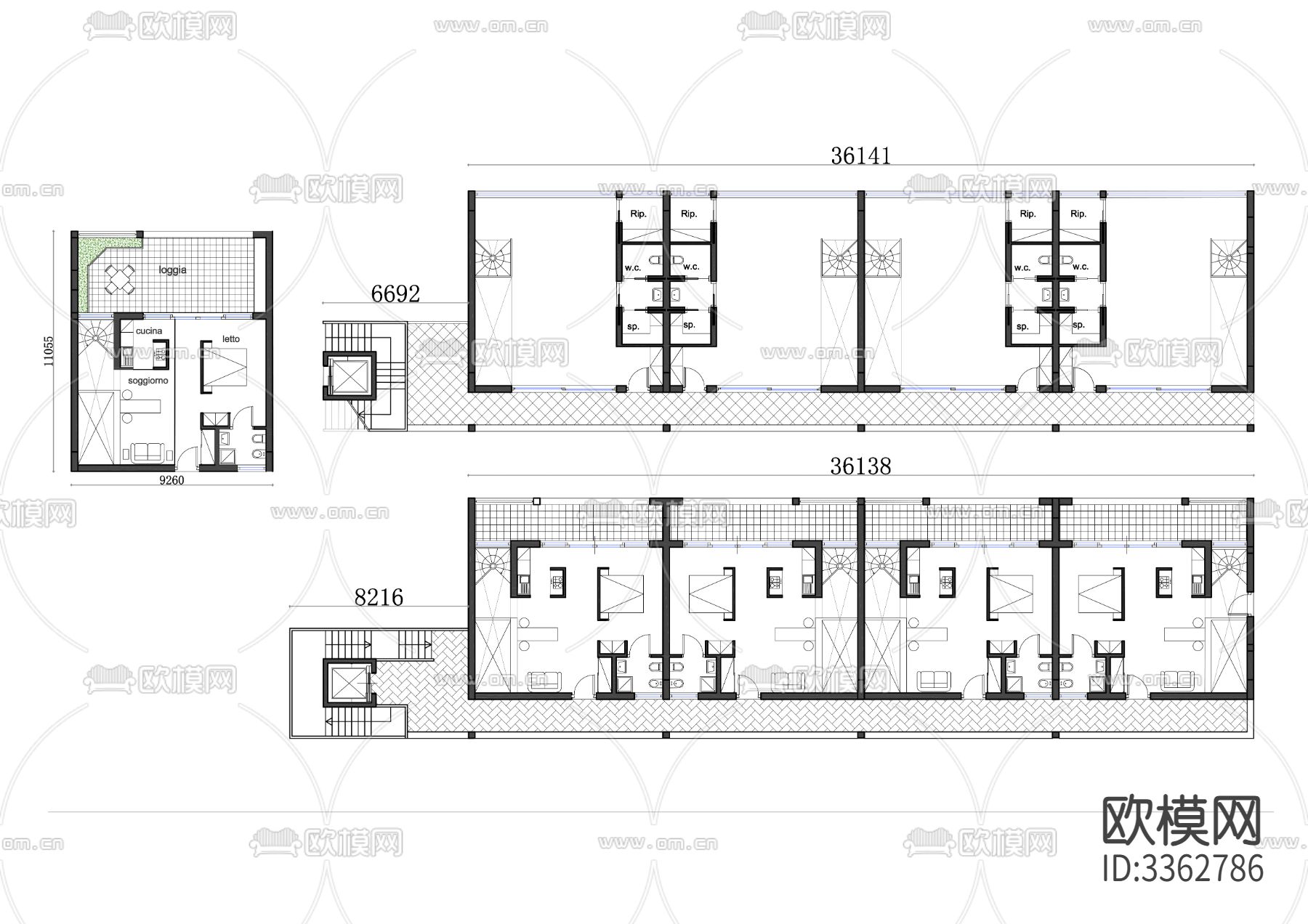 991m²两层走廊公寓cad平面图下载