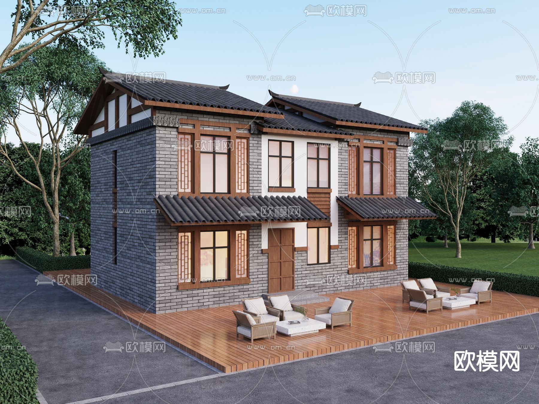 中式别墅外观3d模型下载