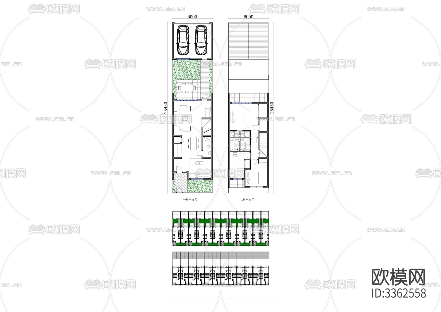 305m²两层狭长型别墅cad平面图下载