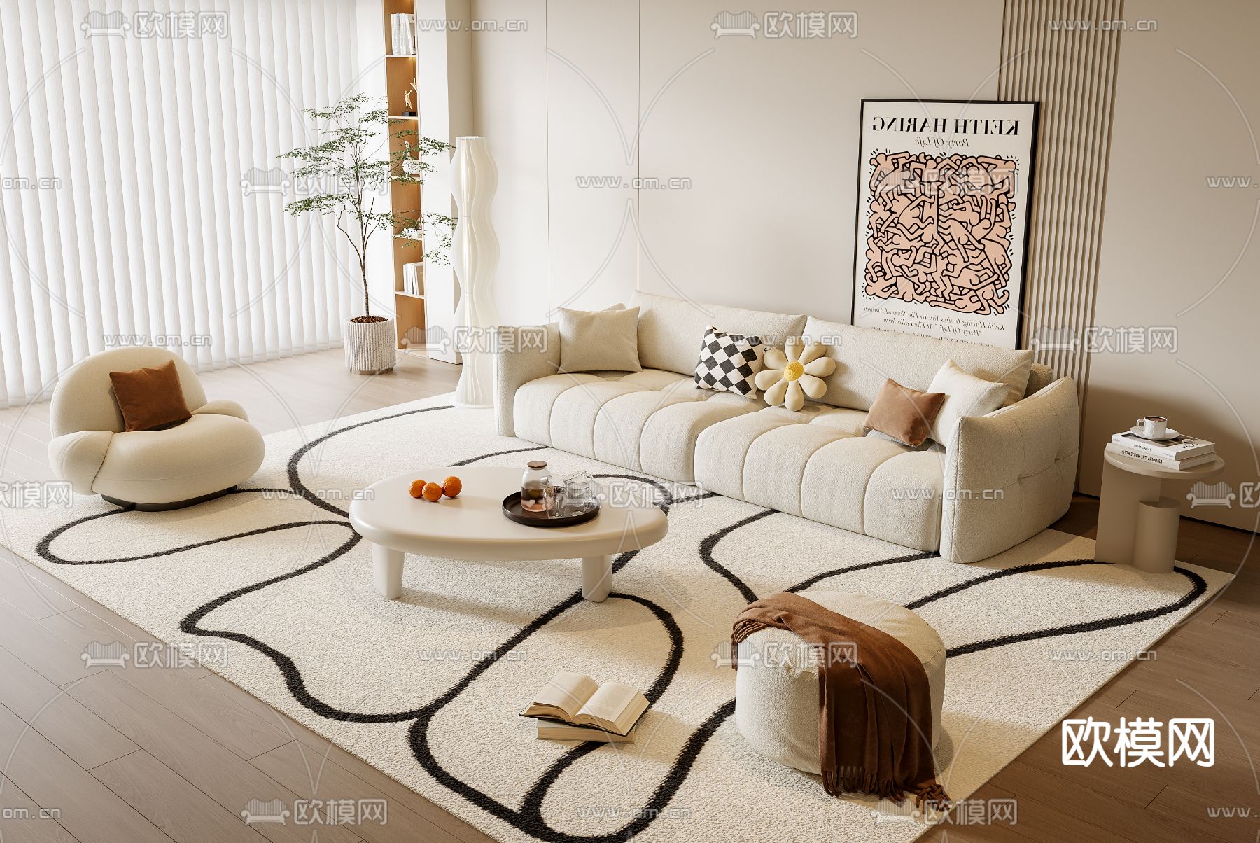 奶油风组合沙发3d模型下载