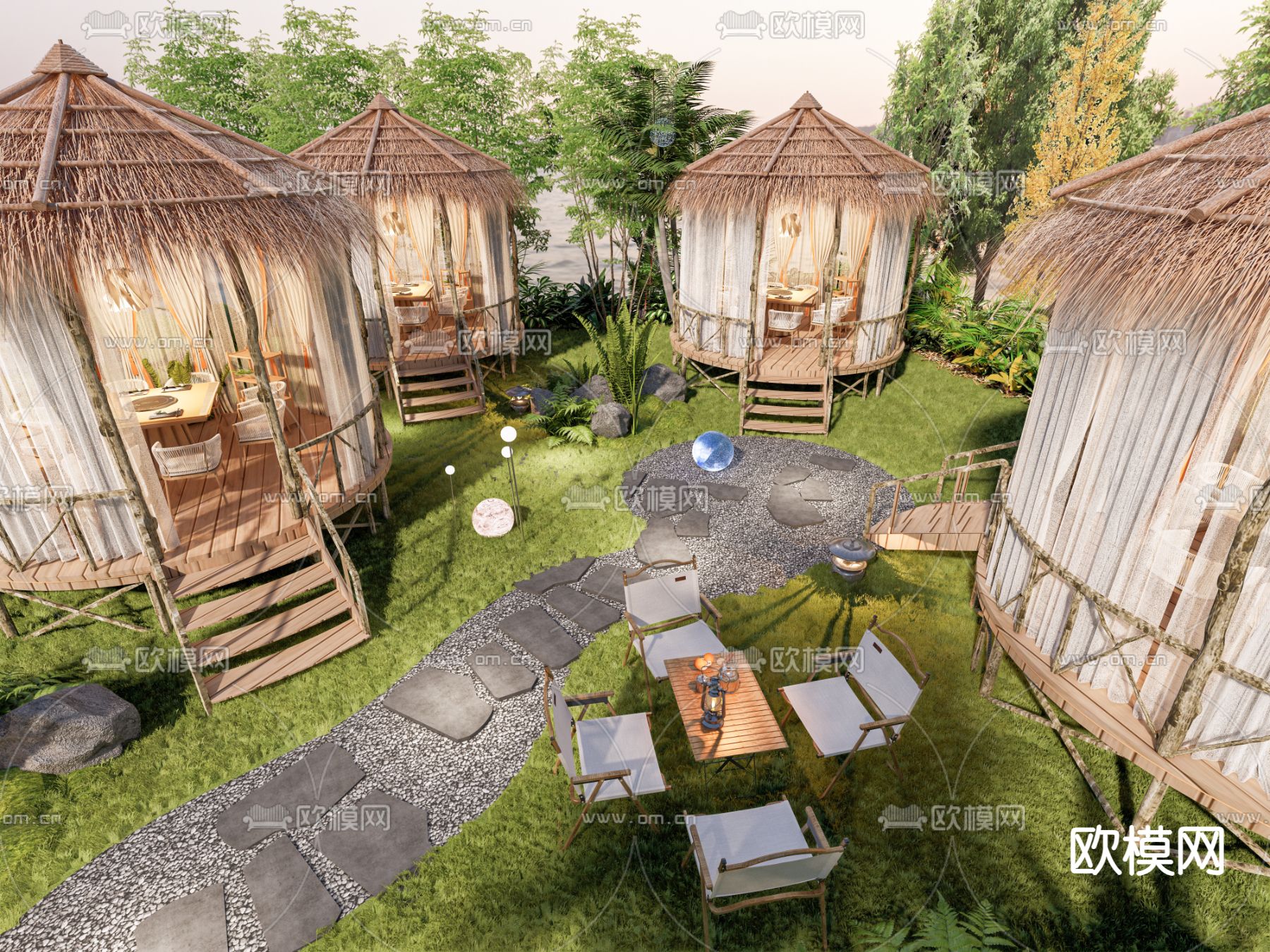 侘寂营地 围炉煮茶 户外桌椅su模型下载（渲染图2）