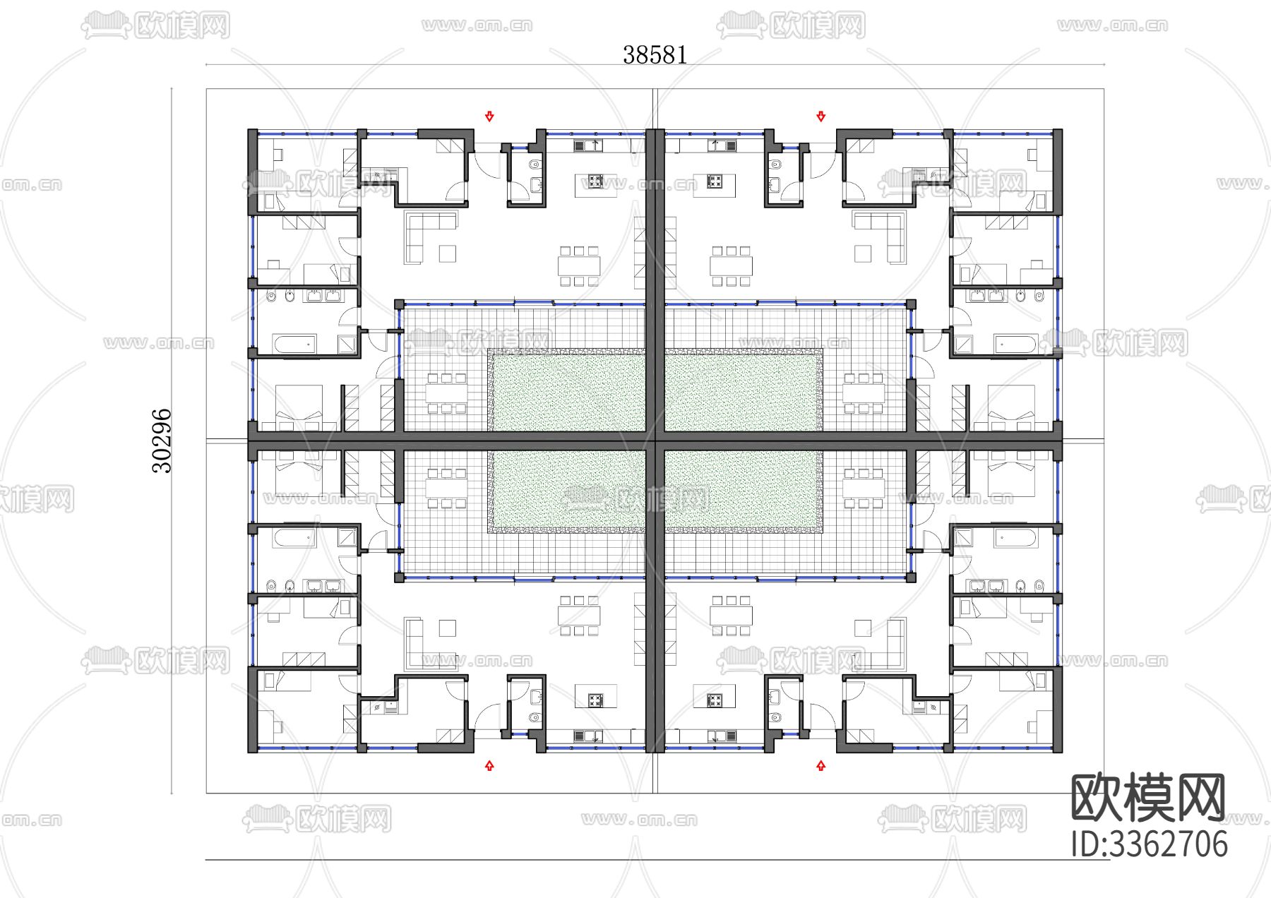 938m²一层四户半独立式别墅cad平面图下载
