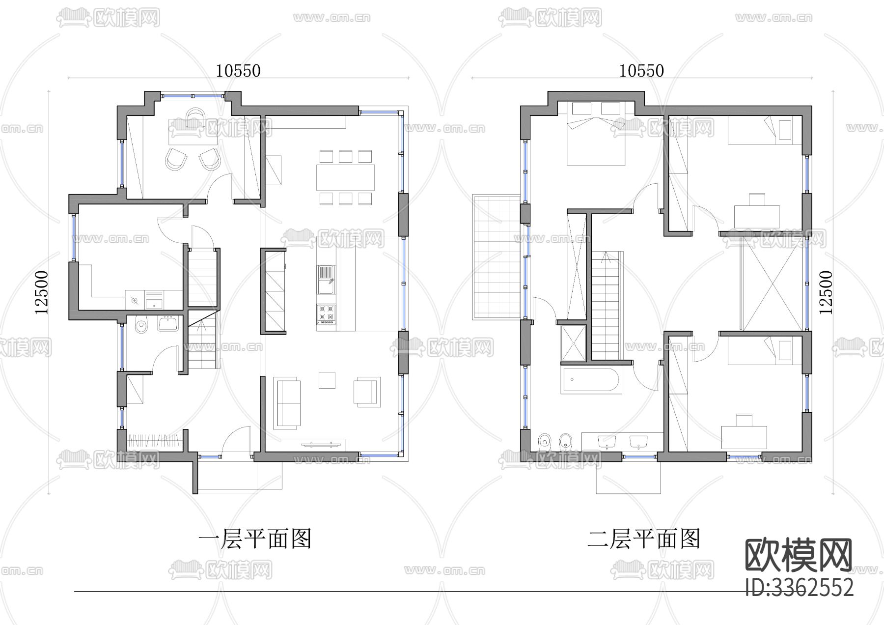 221m²两层别墅cad平面图下载