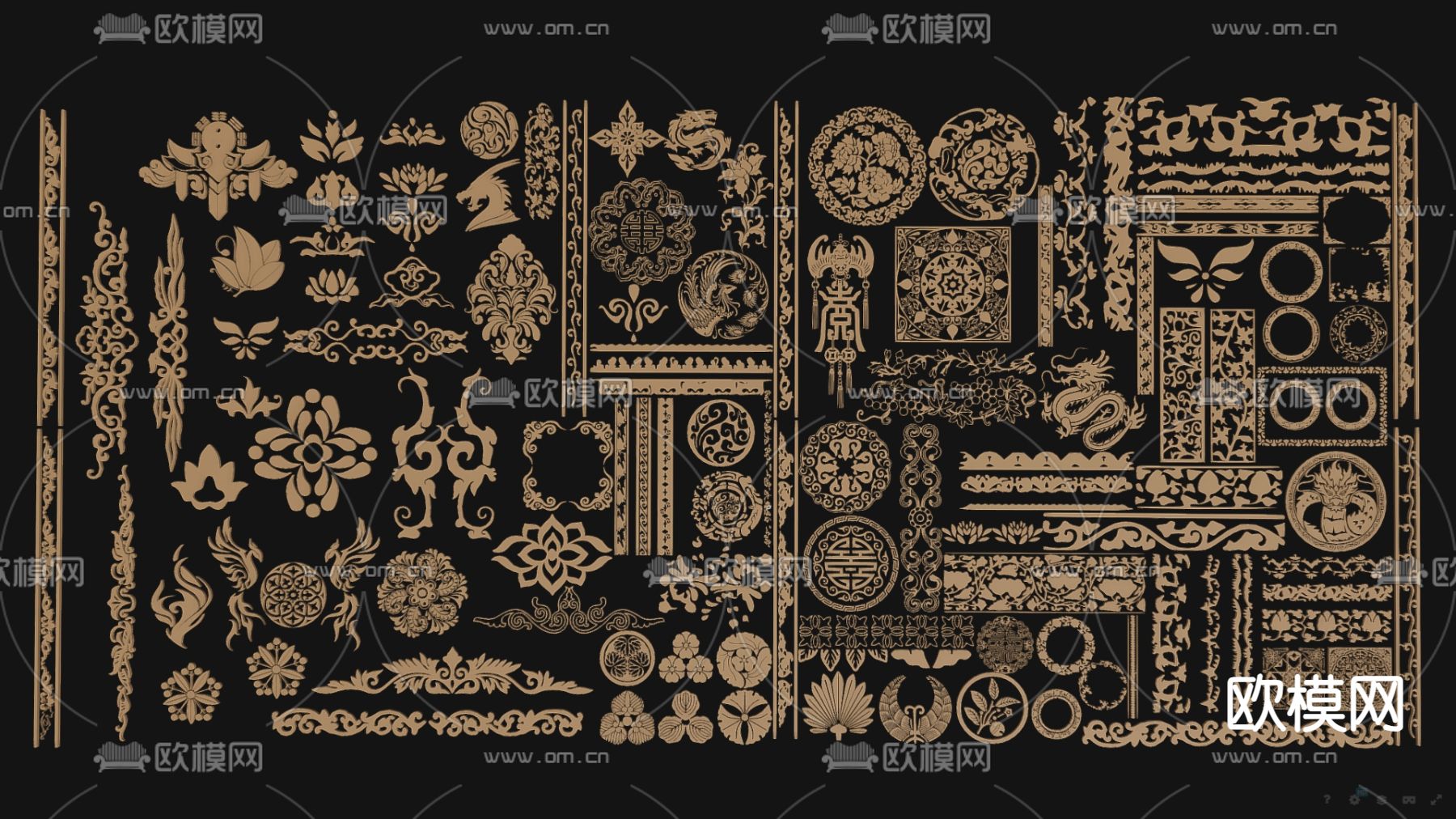 中式线条雕花 花窗 祥云 角花 角线su模型下载（渲染图1）