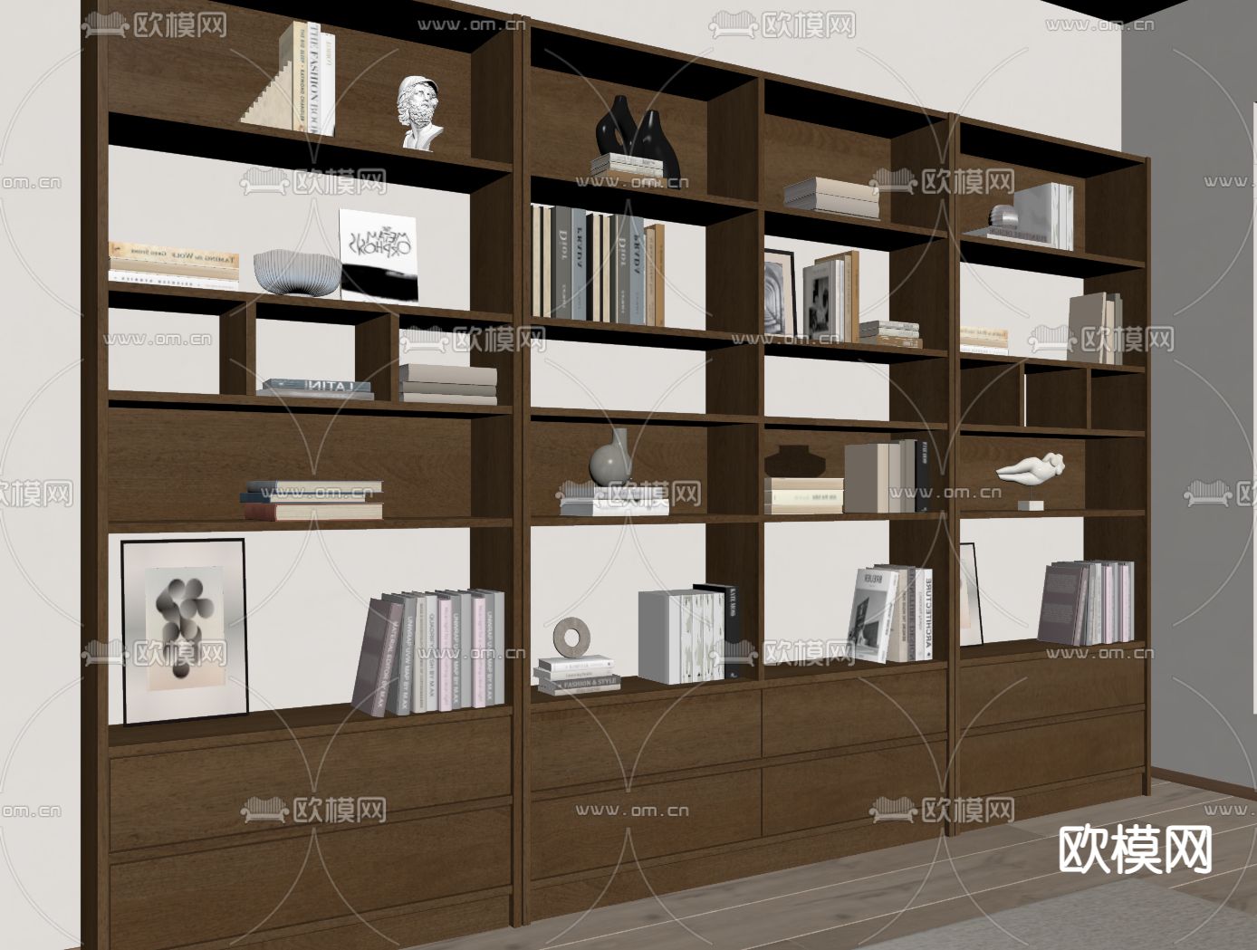 中古风书柜su模型下载（渲染图1）