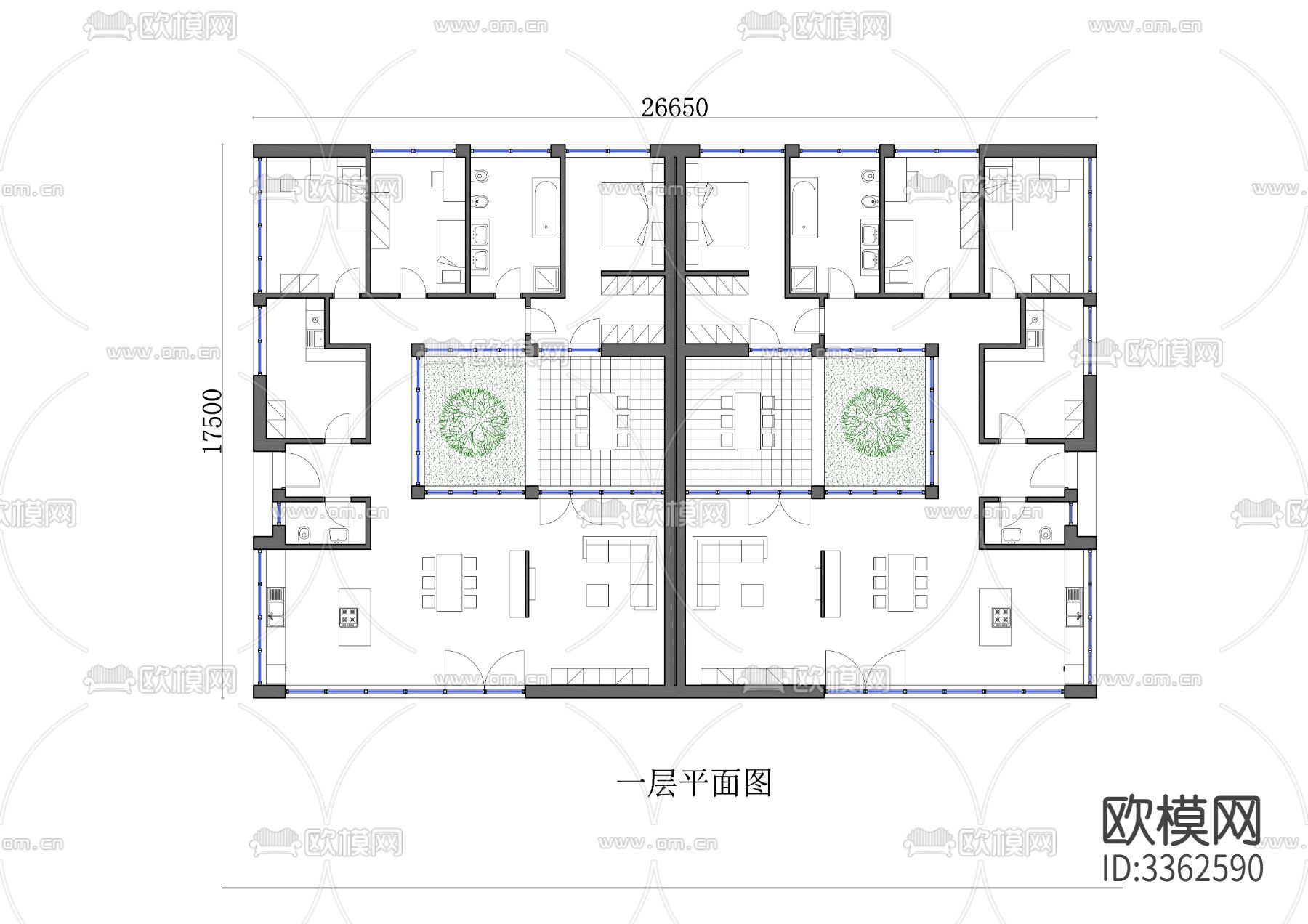 340m²双户半独立式别墅cad平面图下载