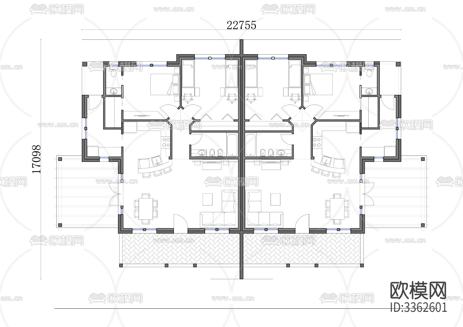 345m²双户单层半独立式洋房cad平面图下载