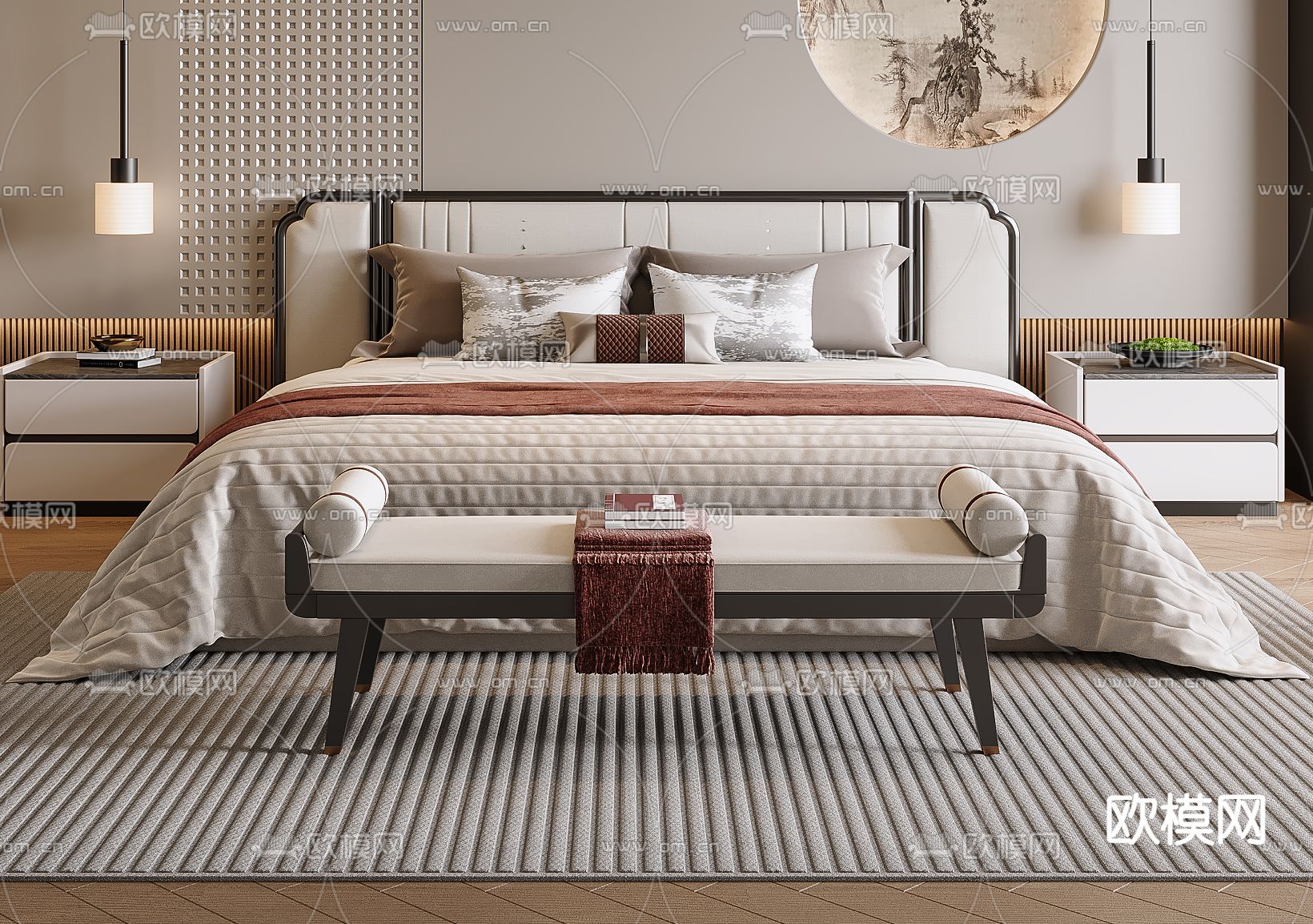 新中式双人床su模型下载（渲染图2）