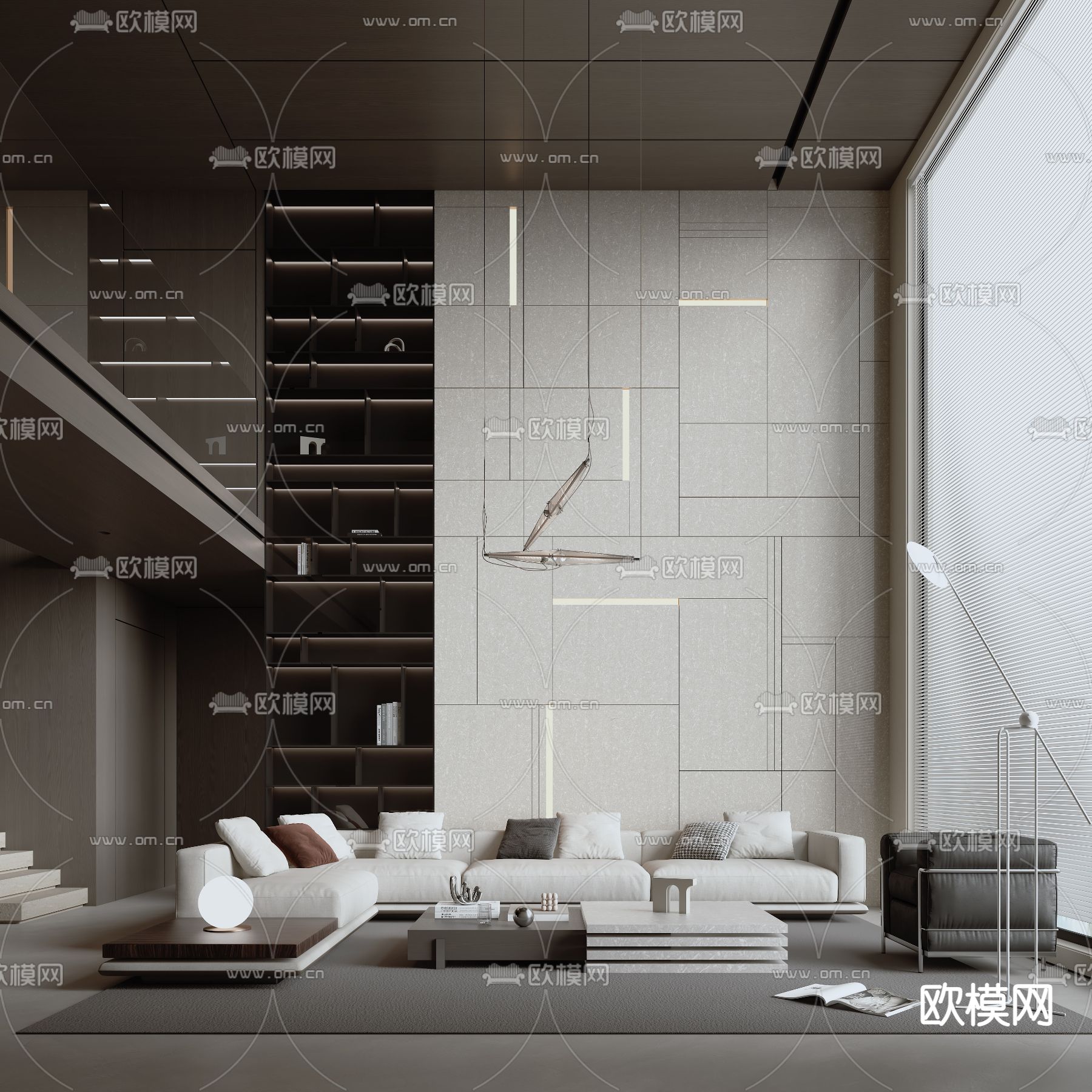 高级灰别墅客厅su模型下载（渲染图2）