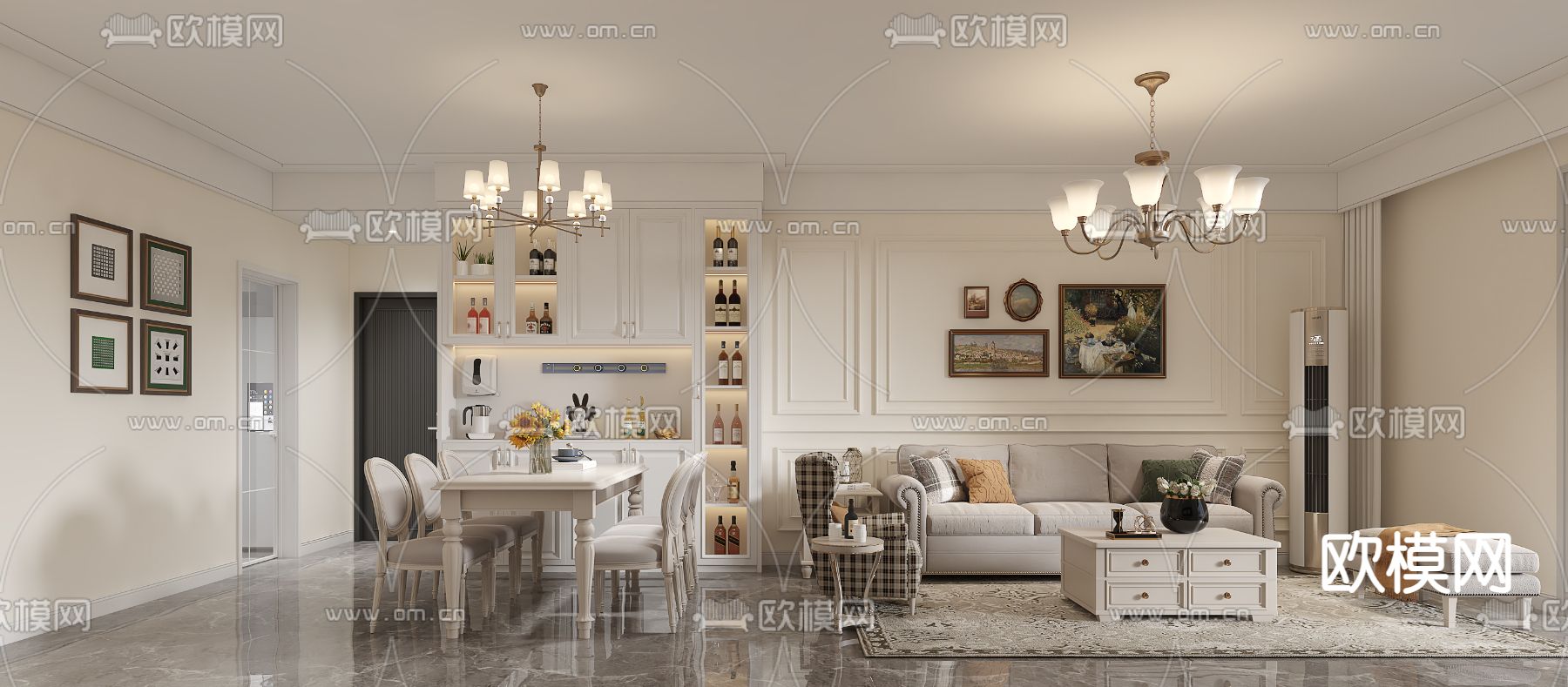 简欧客餐厅3d模型下载（渲染图1）