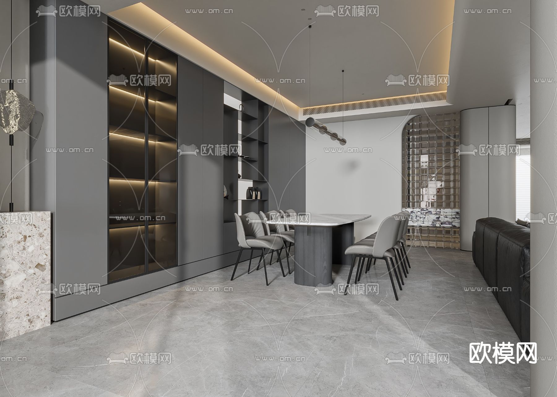 高级灰客餐厅3d模型下载（渲染图3）