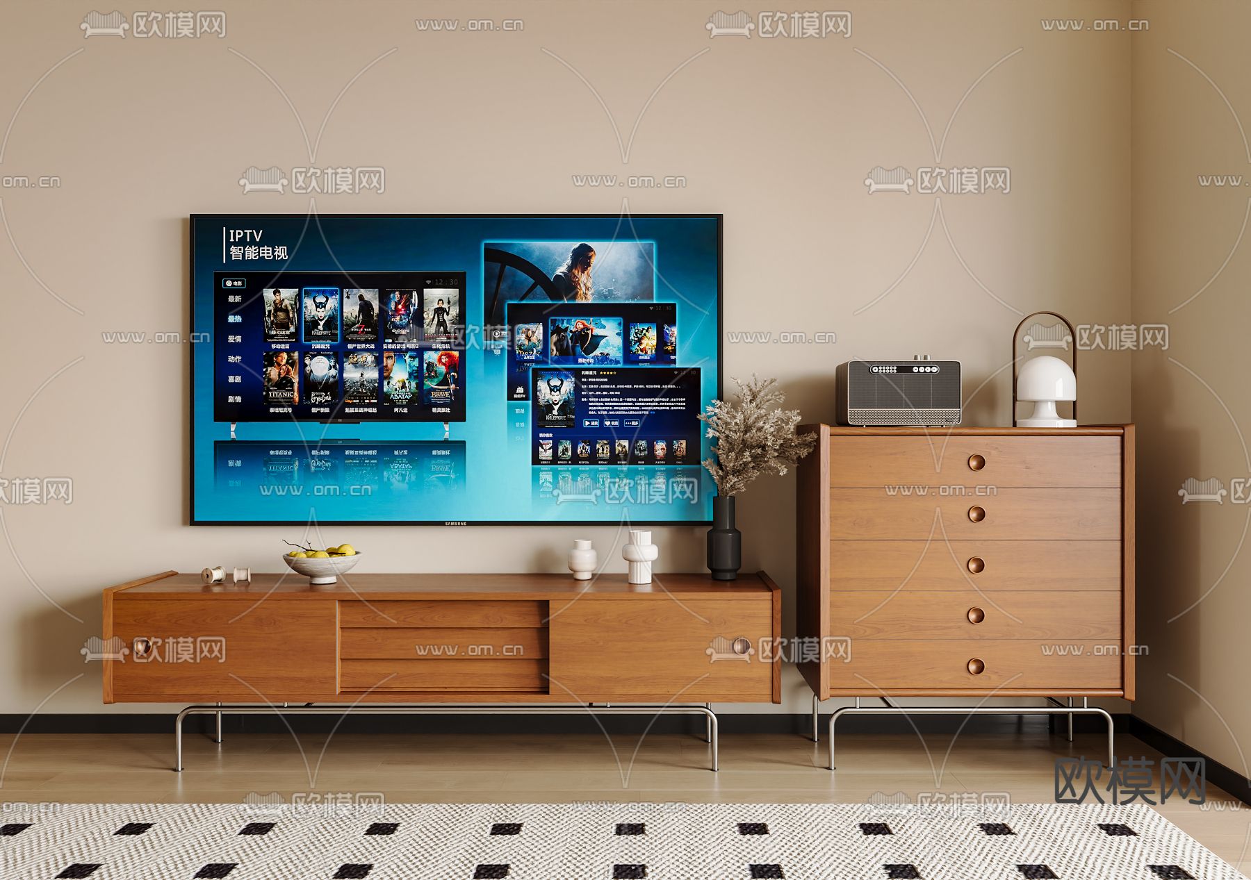 中古风电视柜su模型下载（渲染图2）