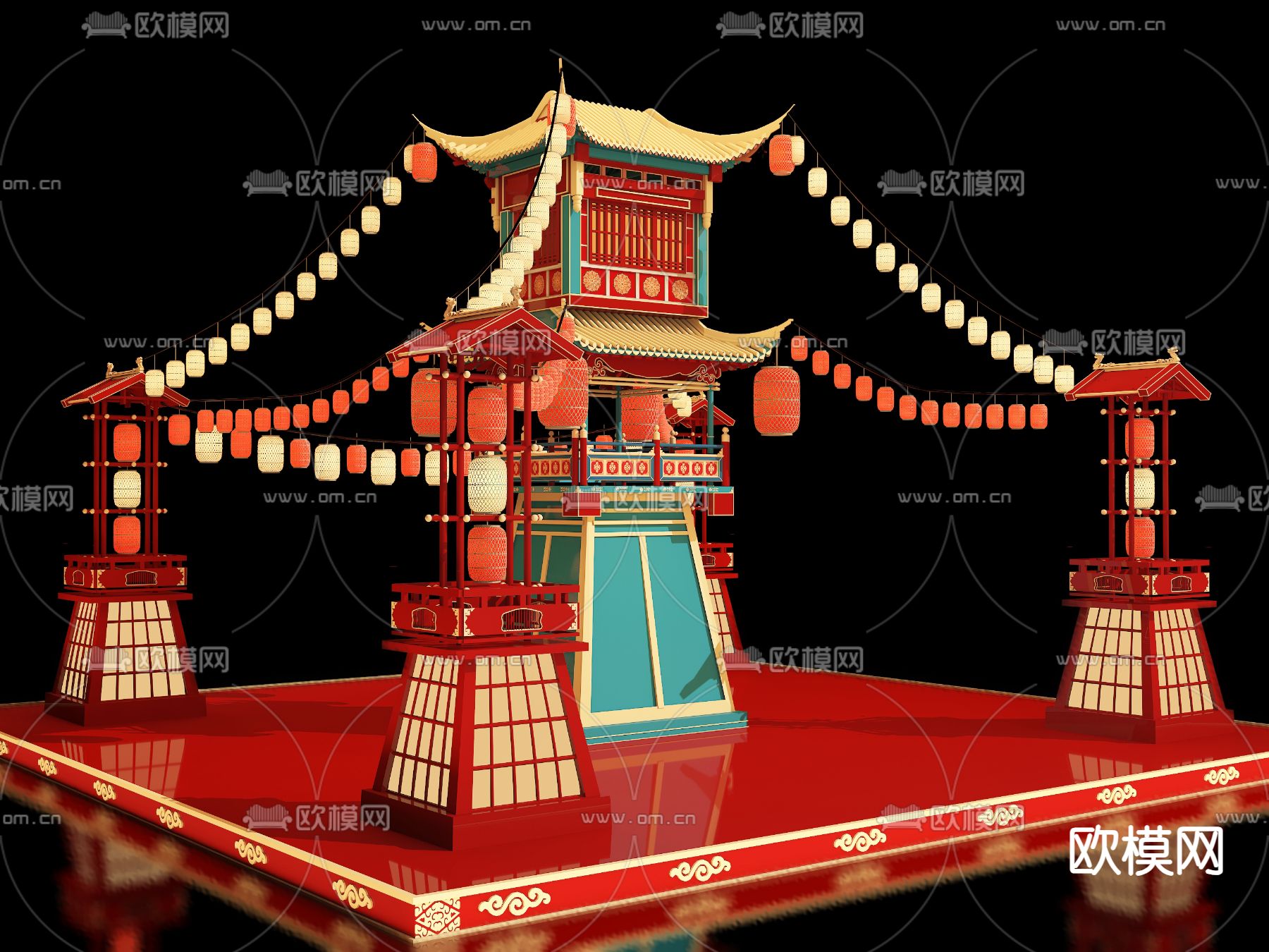 国风演绎舞台 国潮舞台3d模型下载（渲染图1）