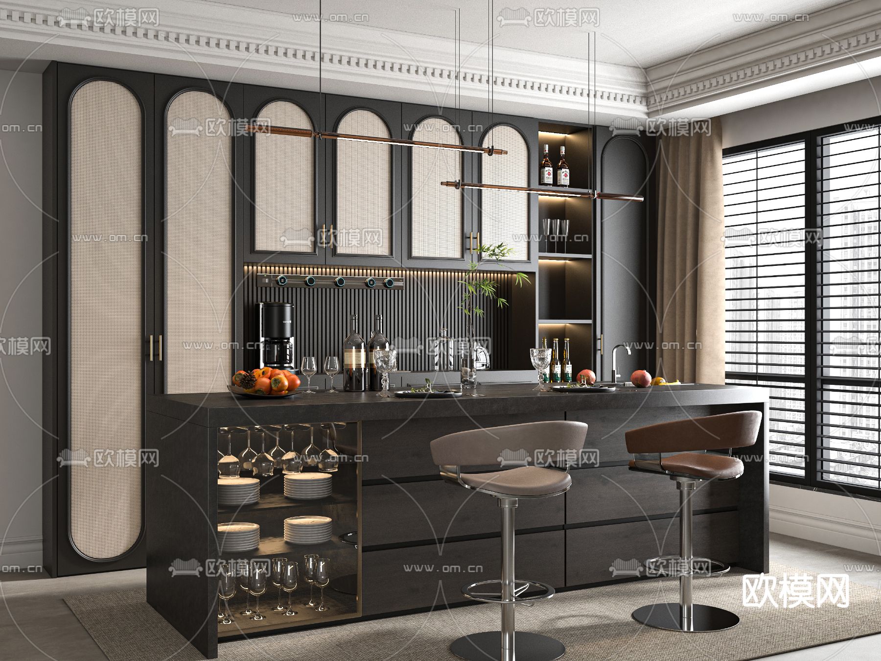 中古风吧台 吧椅3d模型下载