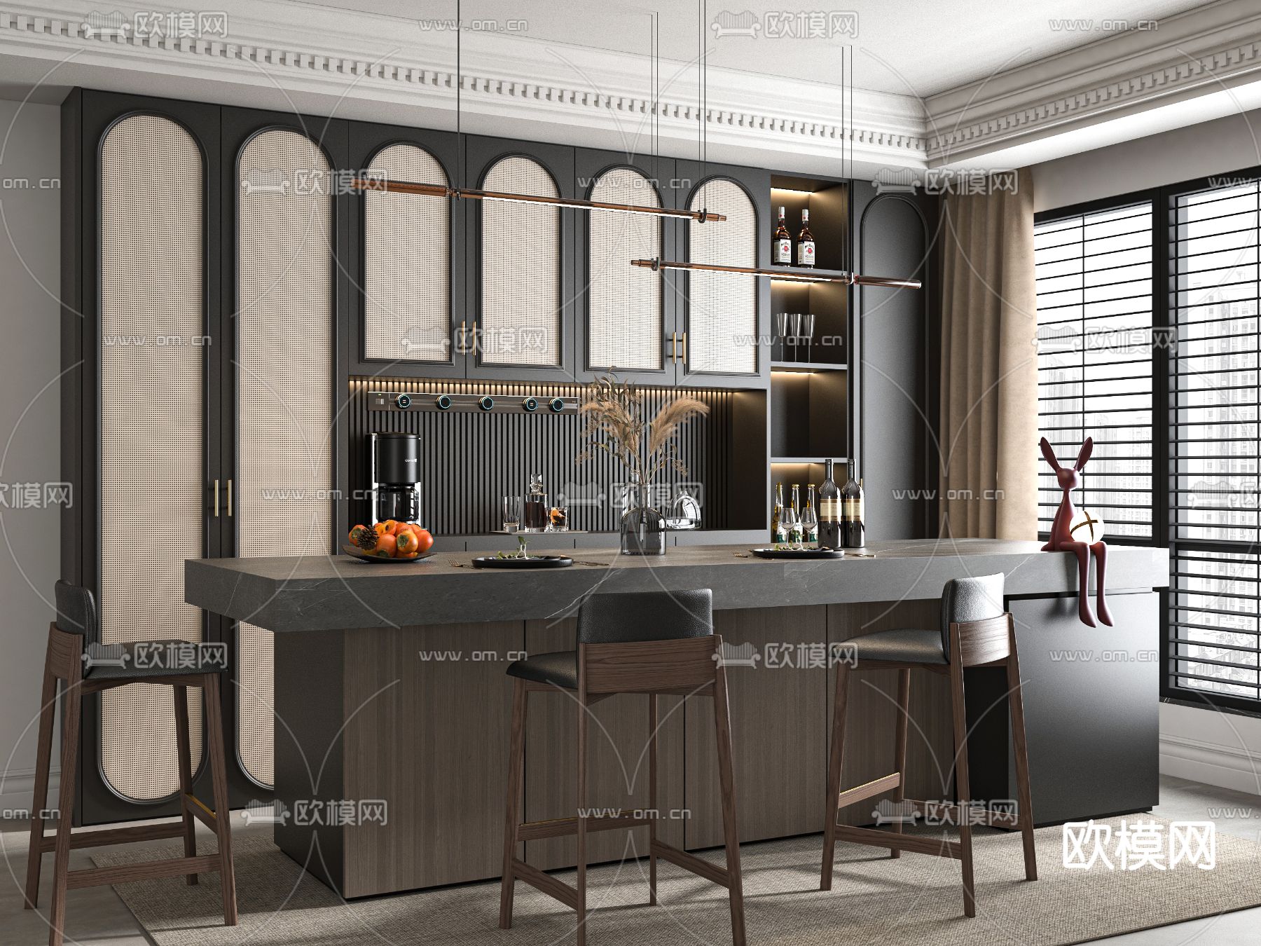 中古风吧台 吧椅3d模型下载