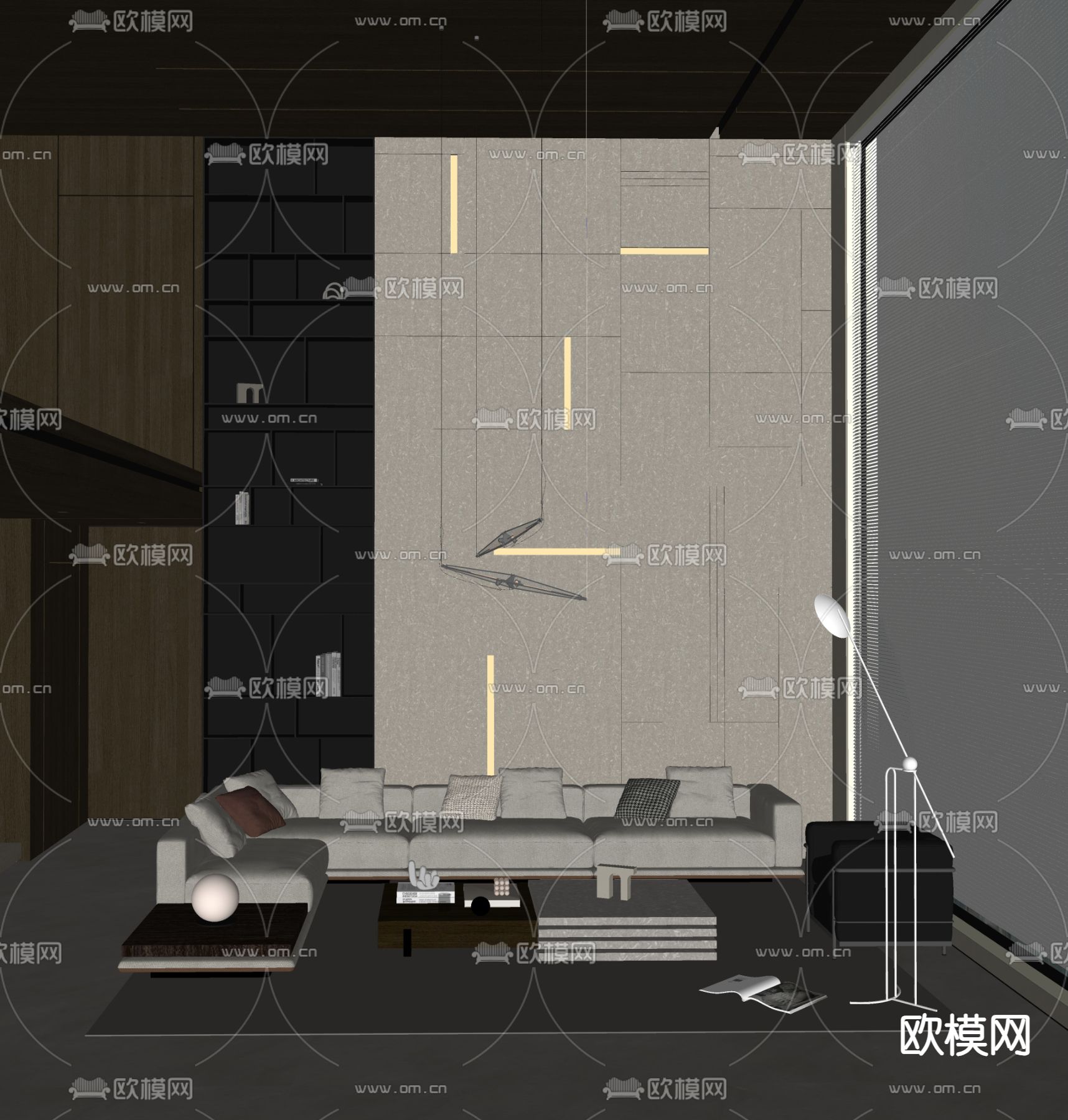 高级灰别墅客厅su模型下载（渲染图1）