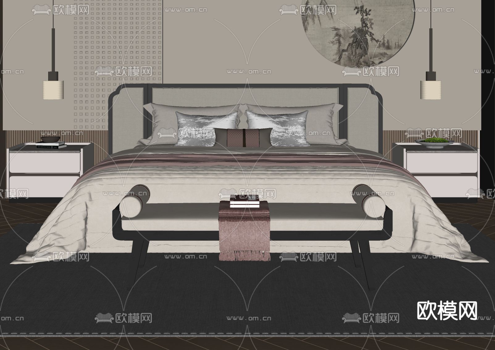 新中式双人床su模型下载（渲染图1）