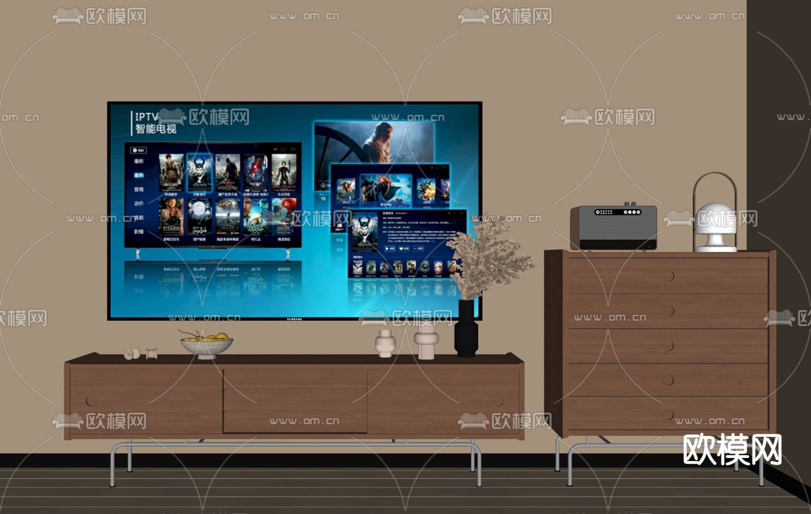 中古风电视柜su模型下载（渲染图1）