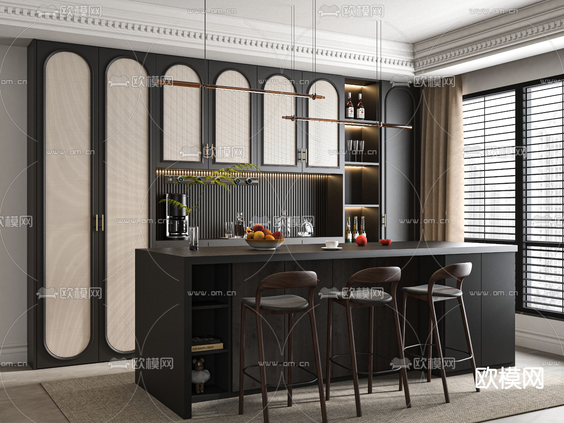 中古风吧台 吧椅3d模型下载