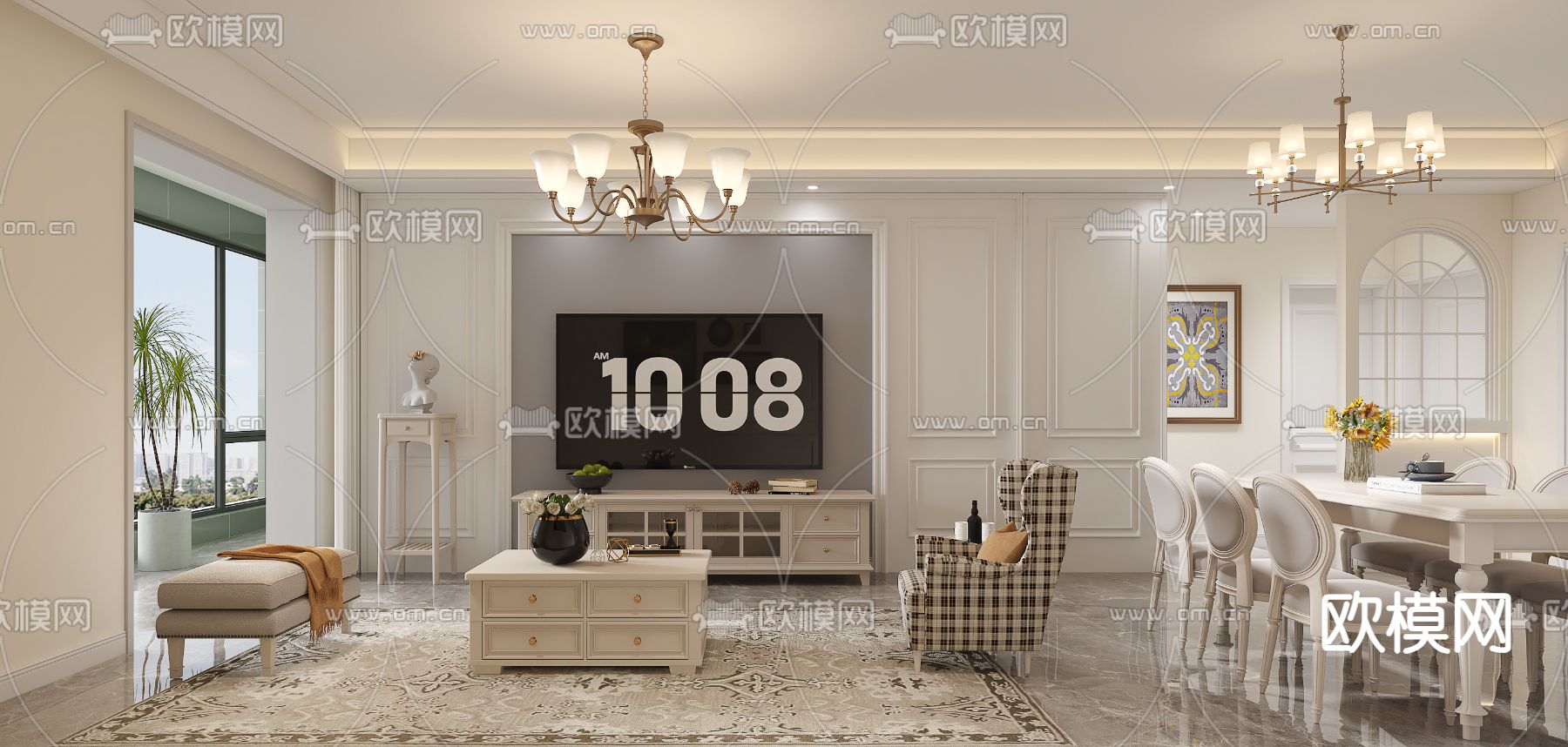 简欧客餐厅3d模型下载（渲染图2）