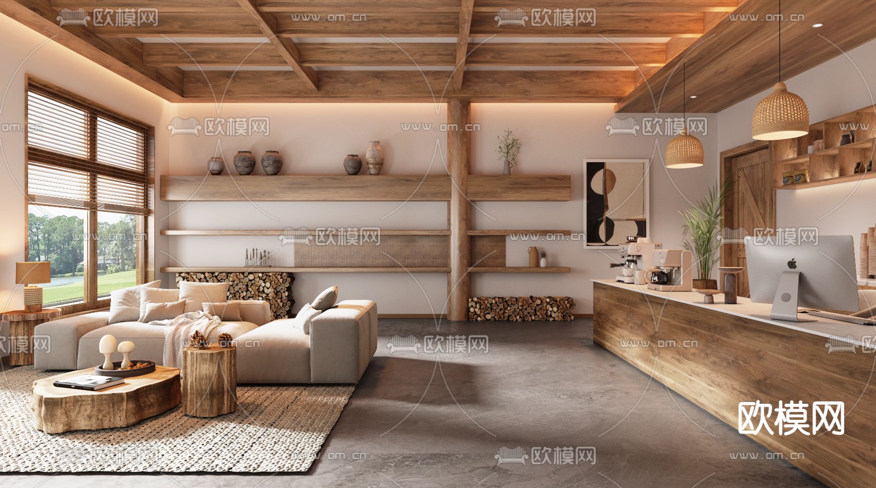 侘寂风大堂 民宿大厅3d模型下载（渲染图1）