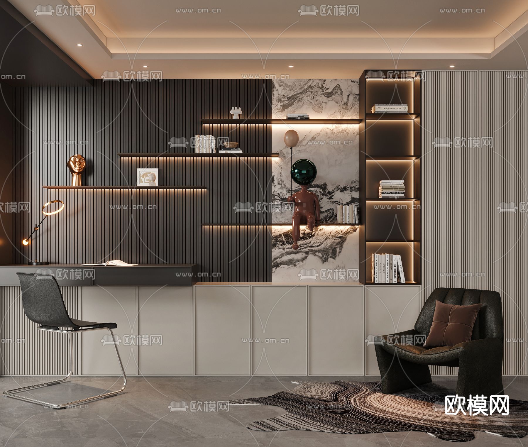 轻奢风书房 学习室 工作室3d模型下载