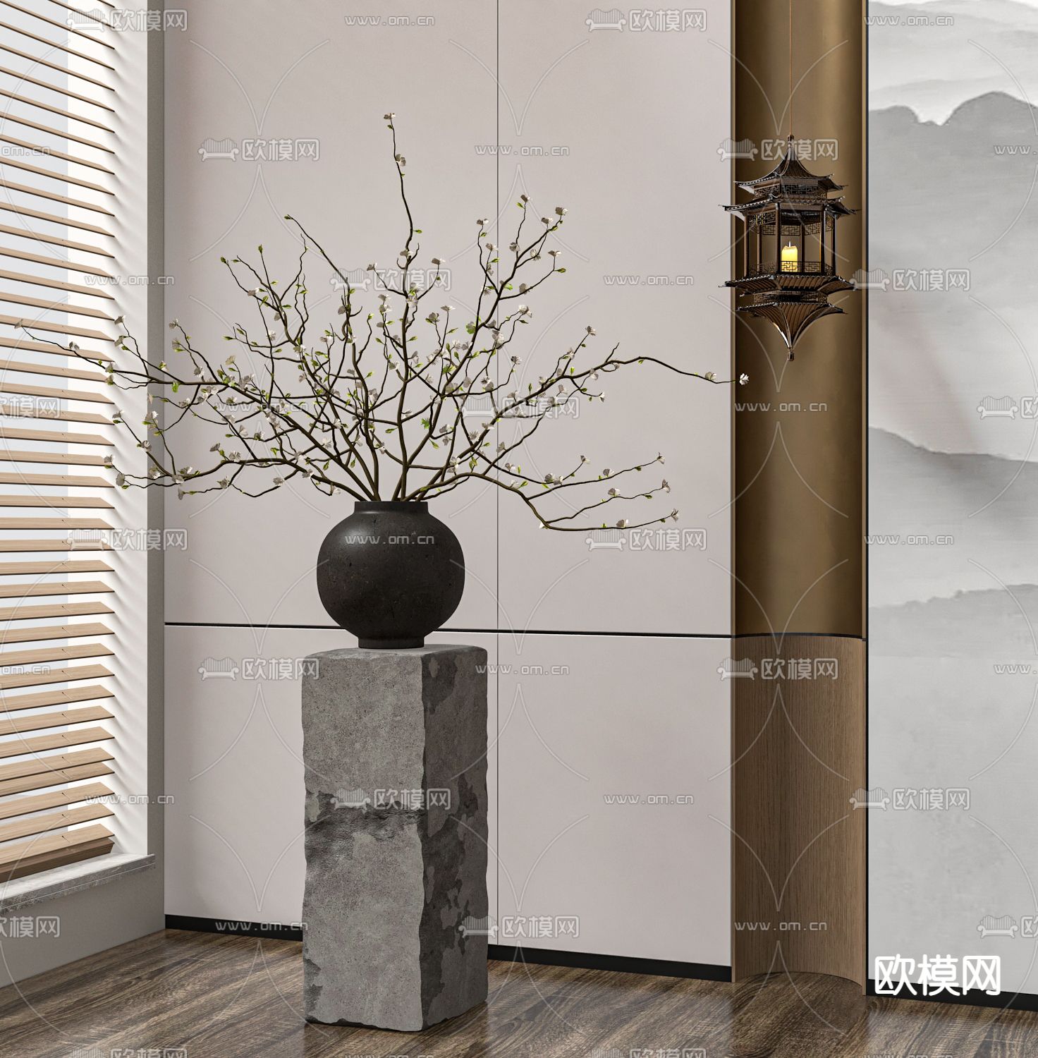 中式花瓶 花艺 枯木 陶罐3d模型下载