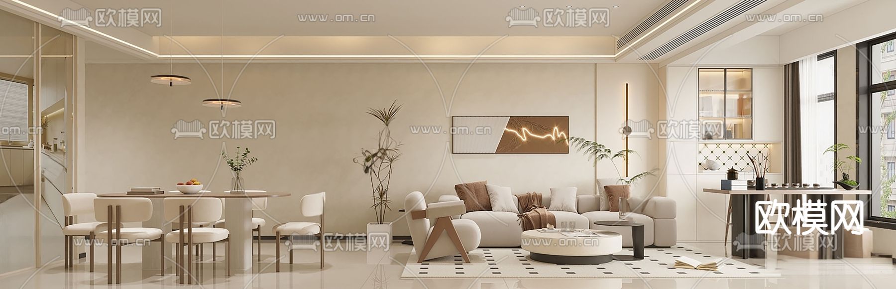 奶油风客餐厅3d模型下载