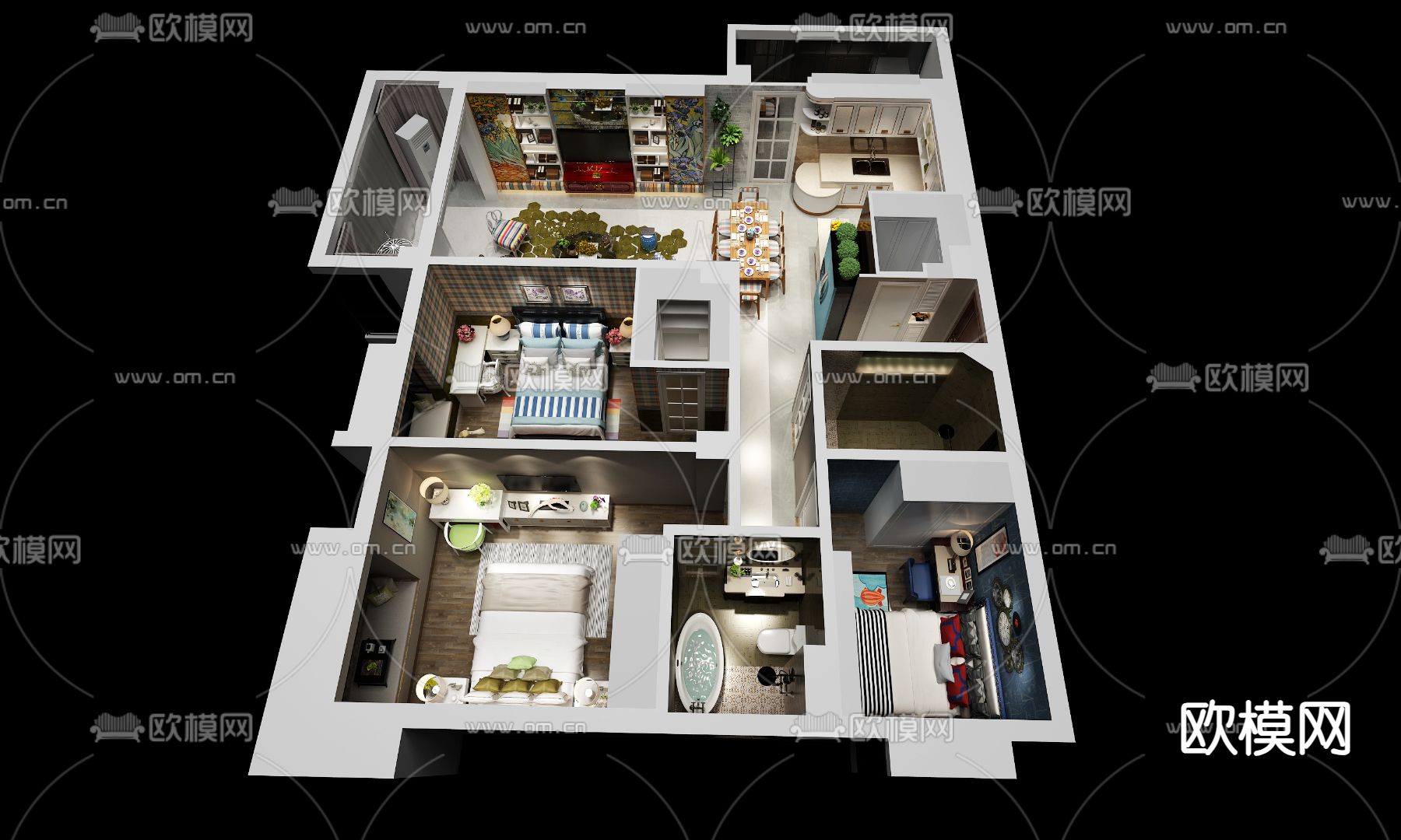 后现代客餐厅3d模型下载（渲染图1）