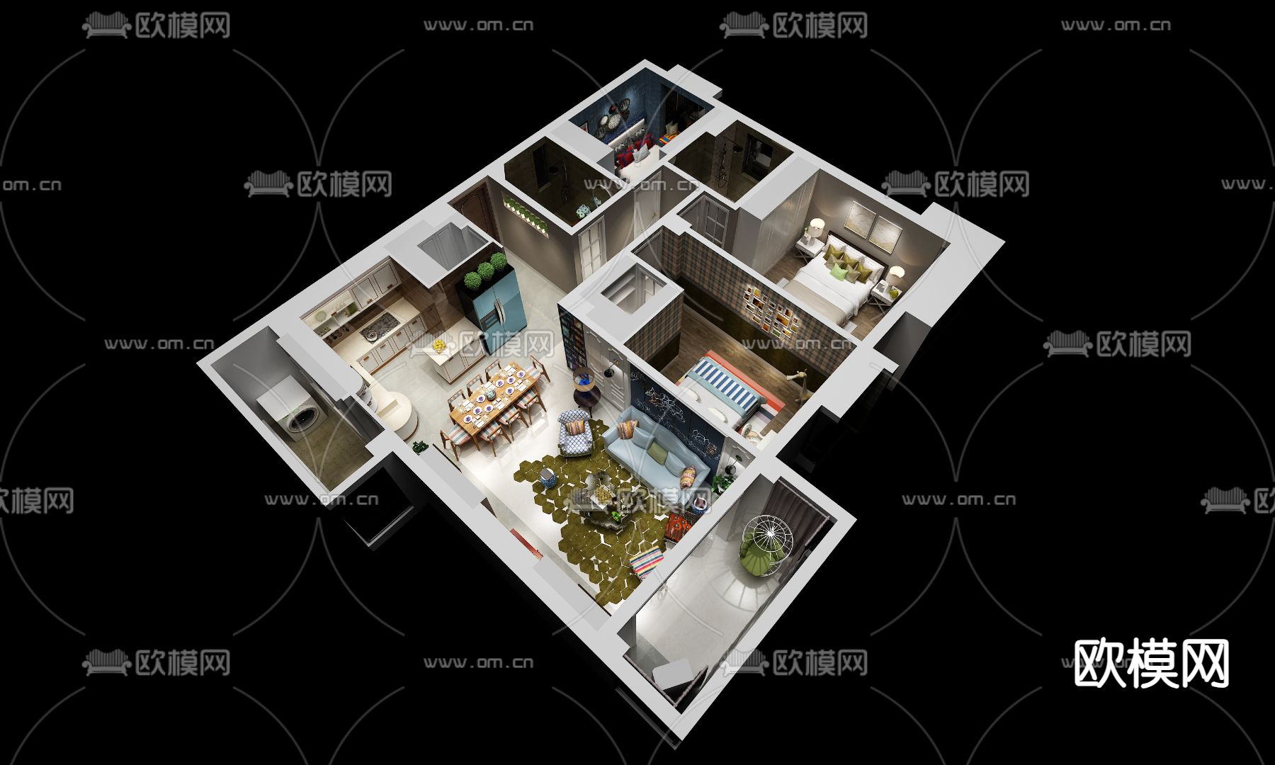 后现代客餐厅3d模型下载（渲染图2）