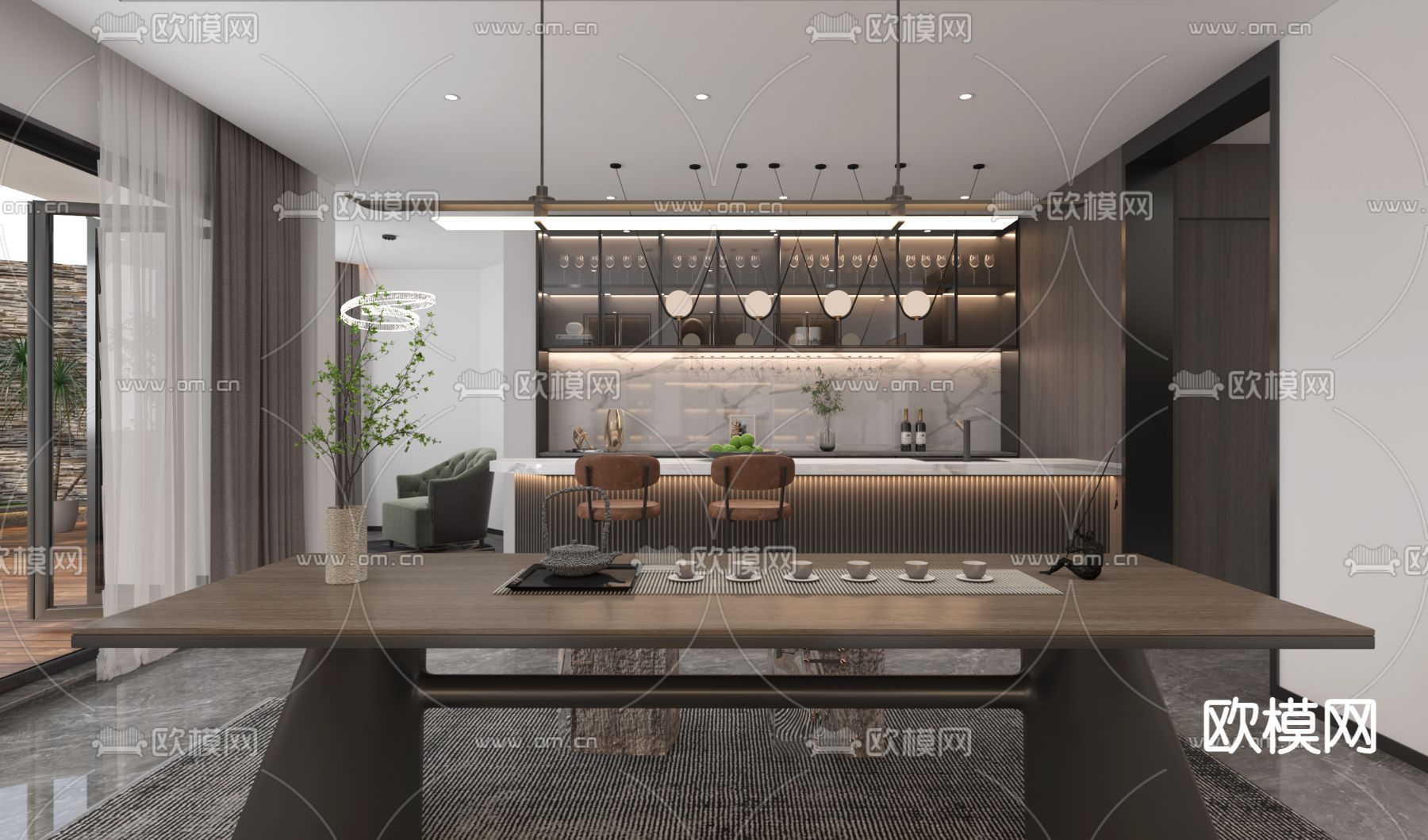 现代休闲室 地下室 品茶室3d模型下载（渲染图1）